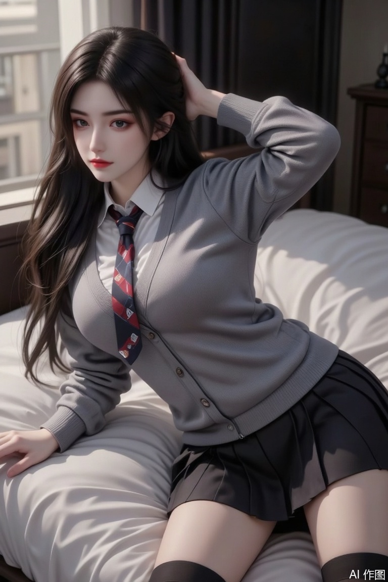 Masterpiece, the best quality, high quality, (colorful) , big breasts,,(black hair:1.4),(long legs:1.3),mlhc_style,a woman with long black hair is lying on her back on a bed, she is wearing a school uniform consisting of a pleated skirt, a cardigan, and a necktie, her outfit is complemented by black knee-high socks, the room has a dimly lit atmosphere, with light coming through the window shade, casting soft shadows on the bed, she appears to be in a relaxed pose, with one arm resting on her stomach and the other behind her head, the background features a dark interior, possibly a bedroom or a hotel room, with some furniture visible in the distance,