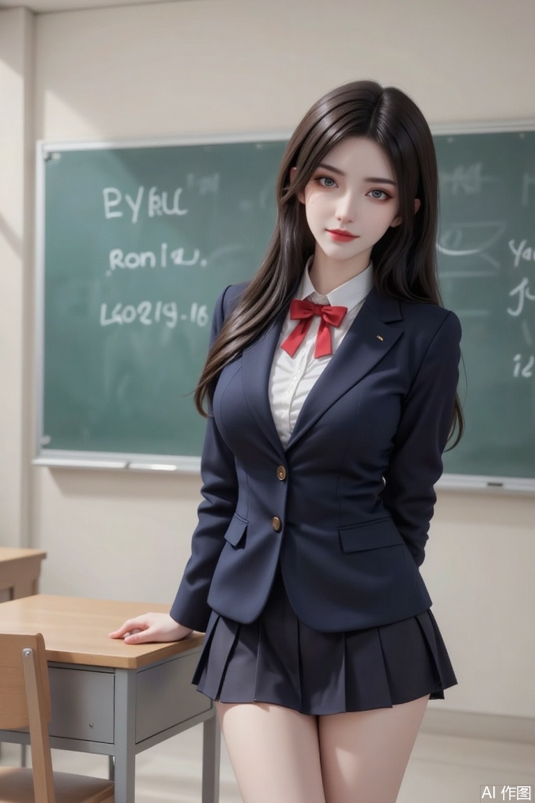 Masterpiece, best quality, high quality, (colorful), medium chest, (black hair: 1.4), (long legs: 1.3), 1girl
solo
long hair
breasts
looking at viewer
blush
smile
open mouth
bangs
skirt
large breasts
shirt
thighhighs
long sleeves
bow
school uniform
standing
jacket
thighs
pleated skirt
open clothes
collared shirt
indoors
hand up
miniskirt
bowtie
open jacket
zettai ryouiki
skindentation
thick thighs
blazer
desk
arm behind back
classroom
