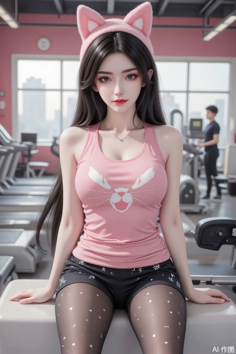 Masterpiece, best quality, high quality, (colorful), huge chest, (black hair: 1.4), (long legs: 1.3), A woman in the gym is shown in the picture. She wore a pink cat ear headdress and a pink vest with a white cat pattern printed on it; she wore black and white polka dot shorts on her lower body and black polka dot stockings on her legs. The overall look was cute and sporty. She sat on a light-colored fitness equipment with her hands naturally placed on both sides of her body. Typical facilities in the gym can be seen in the background, such as treadmills, strength training equipment, etc., and the environment is bright and tidy.