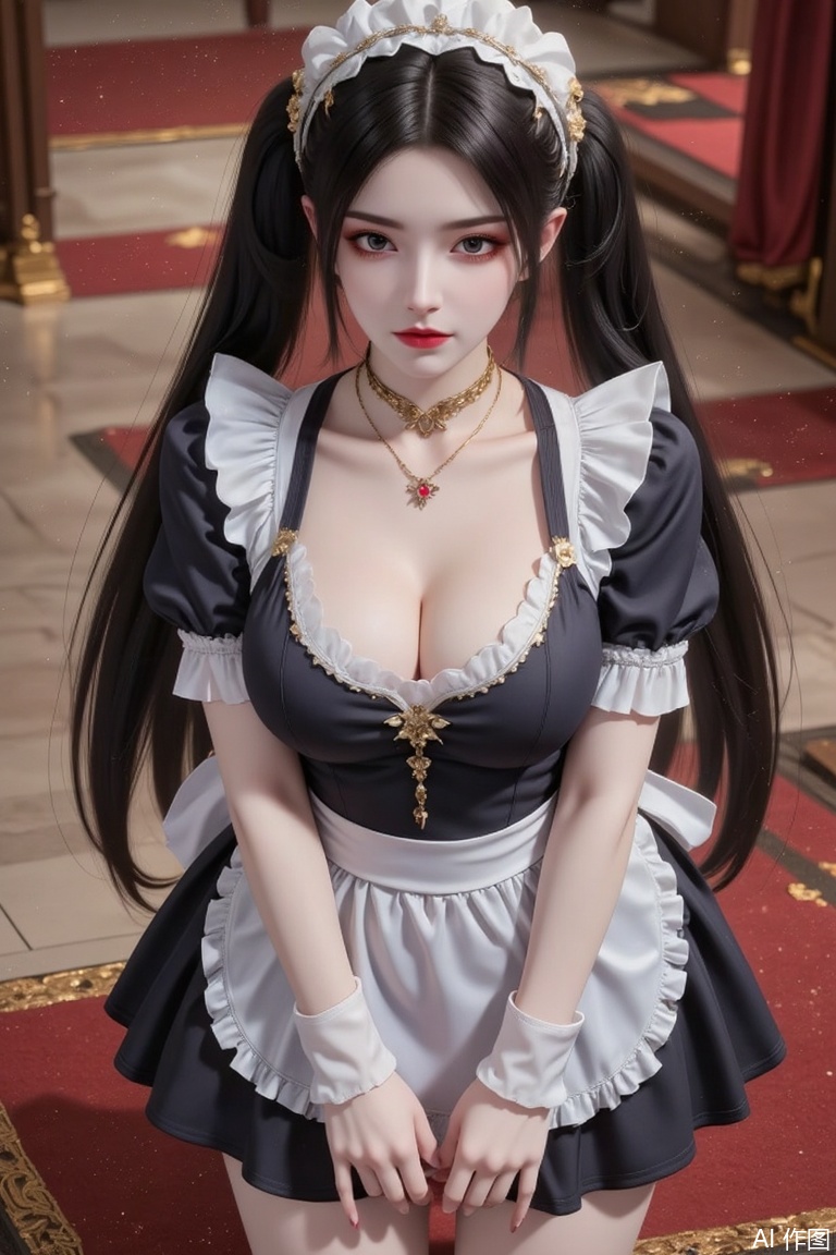 Masterpiece, best quality, high quality, (colorful), huge chest, (black hair: 1.4), (long legs: 1.3), 1girl,  long hair, breasts, looking at viewer, black hair, twintails, huge breasts, brown eyes, jewelry,frills, choker, necklace, apron, lips, wrist cuffs, maid, maid headdress, realistic, sexy apron,from above,close-up