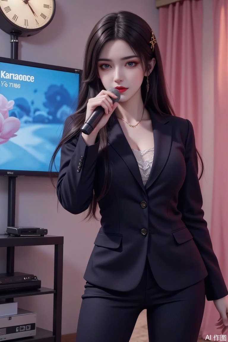 Masterpiece, best quality, high quality, (colorful), huge chest, (black hair: 1.4), (long legs: 1.3),1girl, solo, long hair, black hair, holding, standing, pants, indoors, lips, formal, suit, microphone, clock, television, karaoke