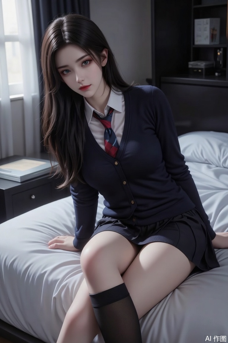 Masterpiece, the best quality, high quality, (colorful) , big breasts,,(black hair:1.4),(long legs:1.3),mlhc_style,a woman with long black hair is lying on her back on a bed, she is wearing a school uniform consisting of a pleated skirt, a cardigan, and a necktie, her outfit is complemented by black knee-high socks, the room has a dimly lit atmosphere, with light coming through the window shade, casting soft shadows on the bed, she appears to be in a relaxed pose, with one arm resting on her stomach and the other behind her head, the background features a dark interior, possibly a bedroom or a hotel room, with some furniture visible in the distance,