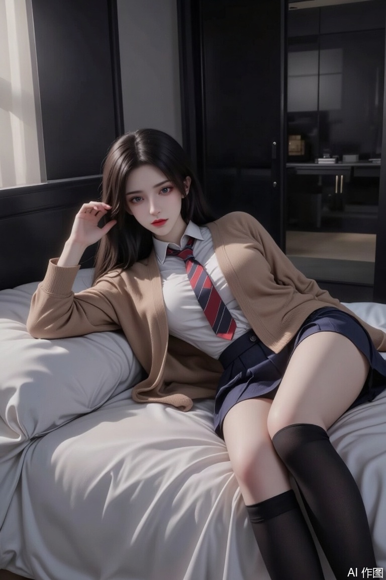 Masterpiece, the best quality, high quality, (colorful) , big breasts,,(black hair:1.4),(long legs:1.3),mlhc_style,a woman with long black hair is lying on her back on a bed, she is wearing a school uniform consisting of a pleated skirt, a cardigan, and a necktie, her outfit is complemented by black knee-high socks, the room has a dimly lit atmosphere, with light coming through the window shade, casting soft shadows on the bed, she appears to be in a relaxed pose, with one arm resting on her stomach and the other behind her head, the background features a dark interior, possibly a bedroom or a hotel room, with some furniture visible in the distance,