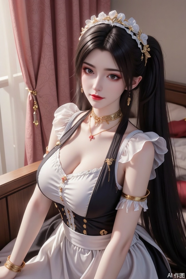 Masterpiece, best quality, high quality, (colorful), huge chest, (black hair: 1.4), (long legs: 1.3), 1girl,  long hair, breasts, looking at viewer, black hair, twintails, huge breasts, brown eyes, jewelry,frills, choker, necklace, apron, lips, wrist cuffs, maid, maid headdress, realistic, sexy apron,from above,close-up