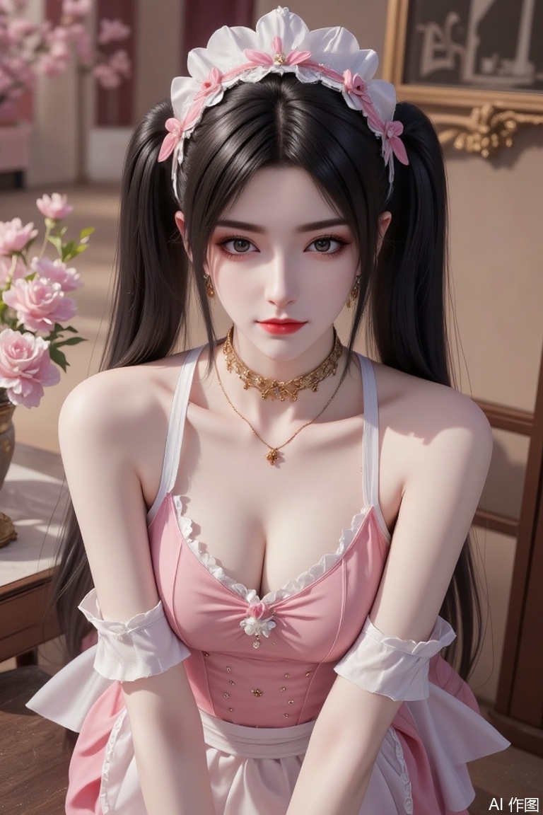 Masterpiece, best quality, high quality, (colorful), huge chest, (black hair: 1.4), (long legs: 1.3), 1girl,  long hair, breasts, looking at viewer, black hair, twintails, huge breasts, brown eyes, jewelry,frills, choker, necklace, apron, lips, wrist cuffs, maid, maid headdress, realistic, sexy apron,from above,close-up