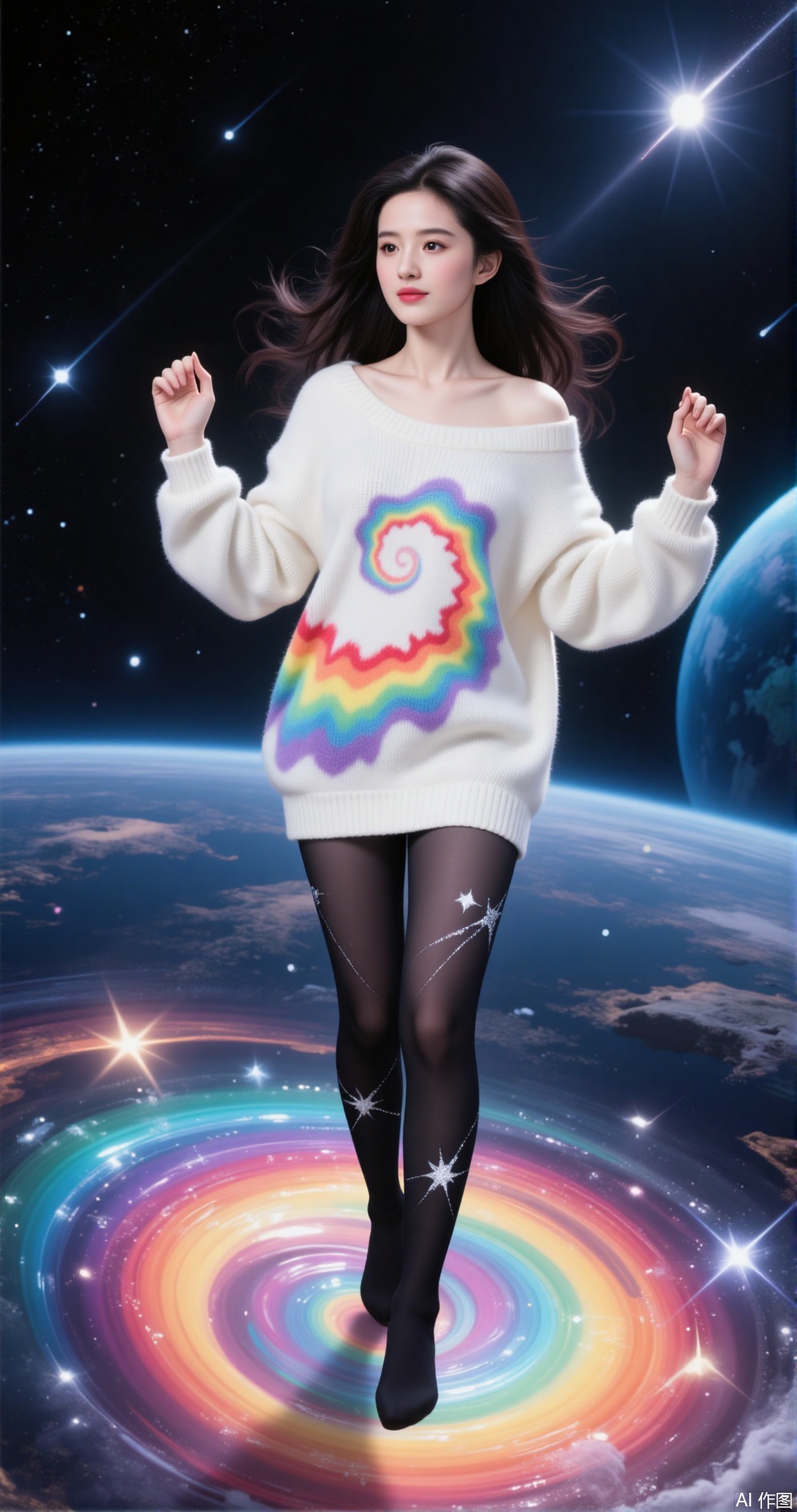 a person floating in space, surrounded by a colorful, swirling vortex on the ground
￼
The individual is wearing a white, oversized sweater with a vibrant, spiral design that resembles a rainbow
￼
They are also wearing black tights with star patterns
￼
The background is a dark, starry sky filled with shooting stars and a blue planet
￼
The overall scene has a dreamy, surreal quality, blending elements of space and fantasy.