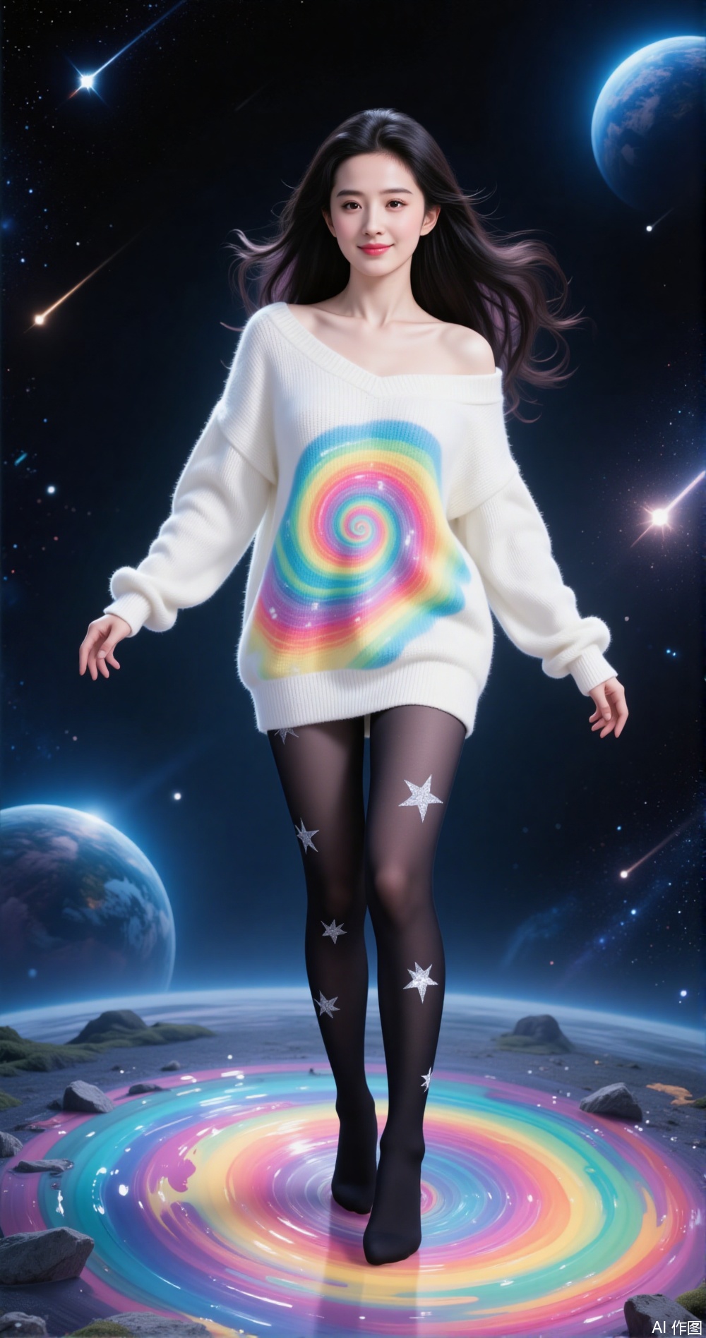 a person floating in space, surrounded by a colorful, swirling vortex on the ground
￼
The individual is wearing a white, oversized sweater with a vibrant, spiral design that resembles a rainbow
￼
They are also wearing black tights with star patterns
￼
The background is a dark, starry sky filled with shooting stars and a blue planet
￼
The overall scene has a dreamy, surreal quality, blending elements of space and fantasy.