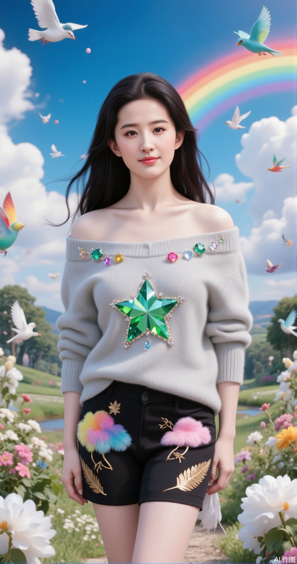 a person standing in a whimsical, dreamlike setting
The individual is wearing a light gray off-the-shoulder sweater adorned with colorful gemstones and a large green star on the chest
They are also wearing a black skirt with vibrant, fluffy cloud patterns and golden leaf designs
Surrounding the person are multiple colorful birds in flight, adding to the magical atmosphere
The background features a clear blue sky with fluffy white clouds, a rainbow arching across the scene, and lush greenery with blooming flowers
The overall composition and vibrant colors create a fantastical and cheerful environment.
