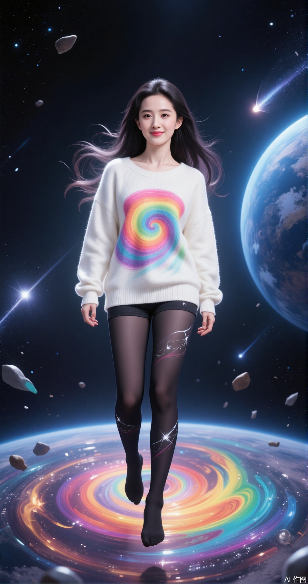 a person floating in space, surrounded by a colorful, swirling vortex on the ground
￼
The individual is wearing a white, oversized sweater with a vibrant, spiral design that resembles a rainbow
￼
They are also wearing black tights with star patterns
￼
The background is a dark, starry sky filled with shooting stars and a blue planet
￼
The overall scene has a dreamy, surreal quality, blending elements of space and fantasy.