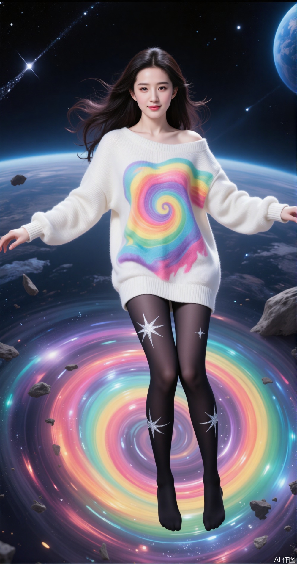 a person floating in space, surrounded by a colorful, swirling vortex on the ground
￼
The individual is wearing a white, oversized sweater with a vibrant, spiral design that resembles a rainbow
￼
They are also wearing black tights with star patterns
￼
The background is a dark, starry sky filled with shooting stars and a blue planet
￼
The overall scene has a dreamy, surreal quality, blending elements of space and fantasy.