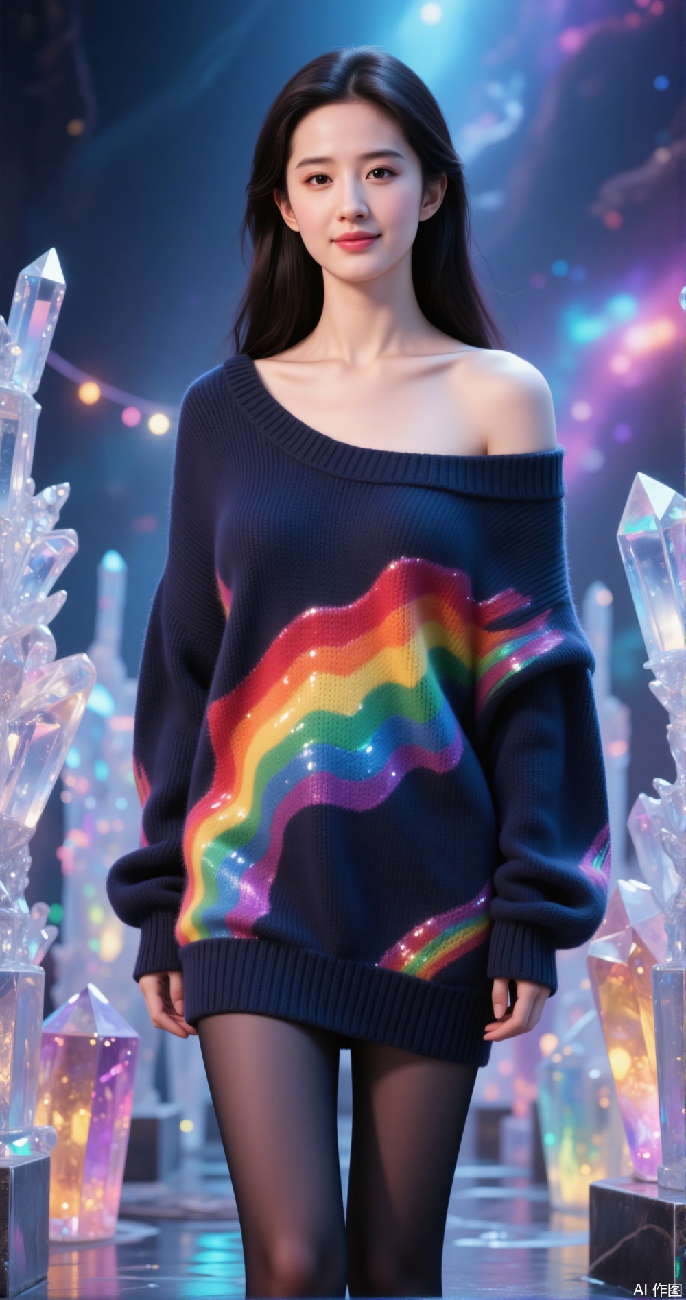 a person standing in front of a backdrop of colorful, swirling lights and crystal structures
￼
The individual is wearing a large, off-shoulder sweater with a vibrant, rainbow-colored pattern on the front
￼
They are also wearing black tights and shiny, rainbow-colored boots
￼
The overall scene has a dreamy, ethereal quality, with the crystals and lights creating a magical atmosphere.