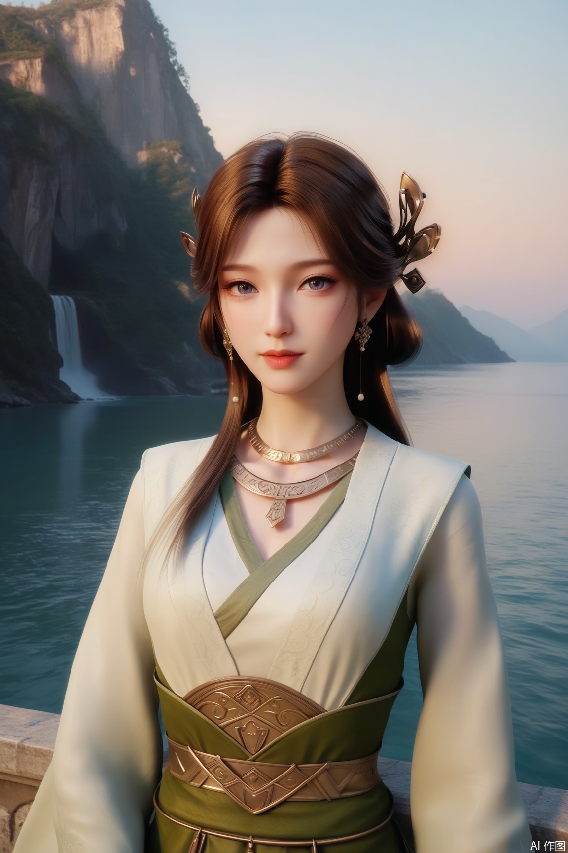 score_9, score_8_up, score_7_up,CG,3D,
1girl, solo, long hair, brown hair, hair ornament,looking at viewer, long sleeves, dress, jewelry, upper body, earrings, necklace, chinese clothes, hanfu, bed,lamp, outdoors, sky, water,
masterpiece,best quality,good quality,very aesthetic,A shot with tension,impactful picture,offcial art,movie perspective,masterpiece,facing the lens,best quality,very aesthetic,extremely delicate and beautiful,huge filesize,amazing quality,32K UHD,