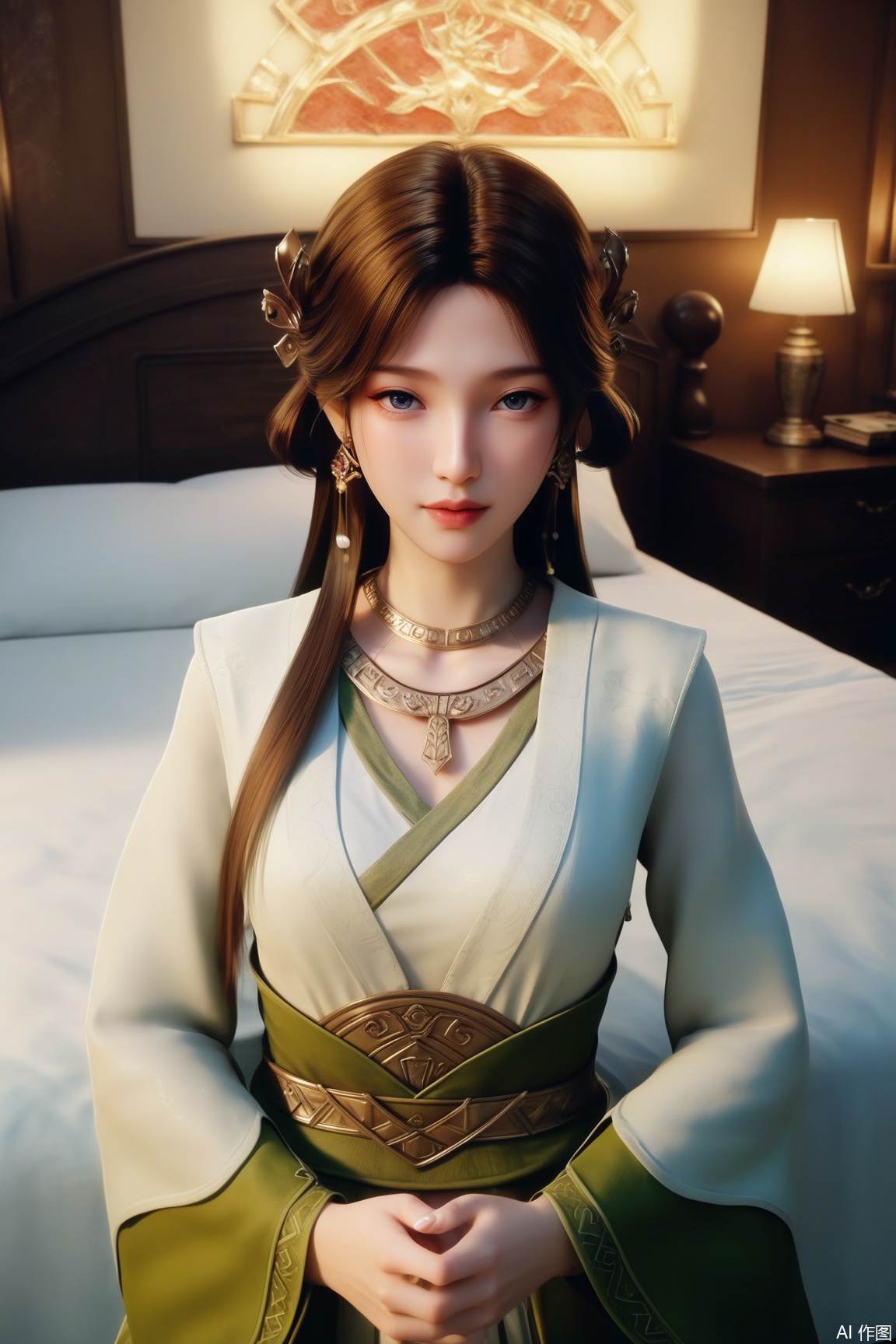 score_9, score_8_up, score_7_up,CG,3D,
1girl, solo, long hair, brown hair, hair ornament,looking at viewer, long sleeves, dress, jewelry, upper body, earrings, necklace, chinese clothes, hanfu, bed,lamp, indoors,Chinese ancient architecture,National Customs,
masterpiece,best quality,good quality,very aesthetic,A shot with tension,impactful picture,offcial art,movie perspective,masterpiece,facing the lens,best quality,very aesthetic,extremely delicate and beautiful,huge filesize,amazing quality,32K UHD,