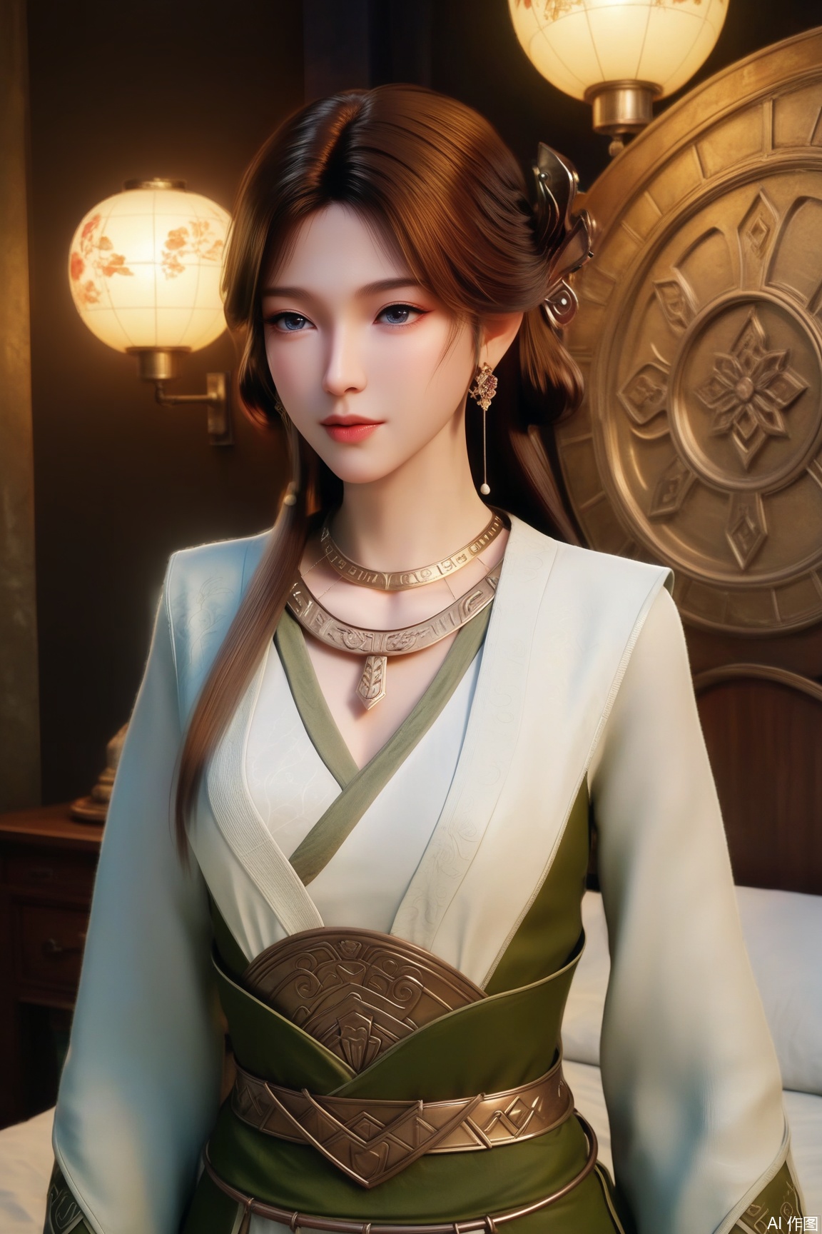 score_9, score_8_up, score_7_up,CG,3D,
1girl, solo, long hair, brown hair, hair ornament, long sleeves, dress, jewelry, upper body, earrings, necklace, chinese clothes, hanfu, bed,lamp, indoors,Chinese ancient architecture,National Customs,
masterpiece,best quality,good quality,very aesthetic,A shot with tension,impactful picture,offcial art,movie perspective,masterpiece,facing the lens,best quality,very aesthetic,extremely delicate and beautiful,huge filesize,amazing quality,32K UHD,