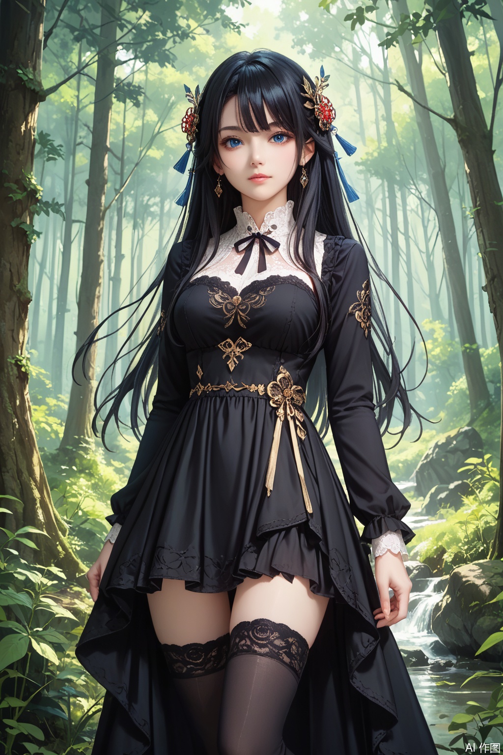 score_9,score_8_up,score_7_up,,1girl, solo, long hair, looking at viewer, blue eyes, black hair, hair ornament, long sleeves, dress, Black dress,masterpiece,best quality,official art,extremely detailed CG unity 8k wallpaper,Thigh exposed,thighhighs,looking at viewer,Forest,Forest,