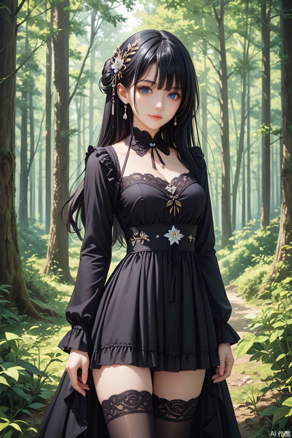 score_9,score_8_up,score_7_up,,1girl, solo, long hair, looking at viewer, blue eyes, black hair, hair ornament, long sleeves, dress, Black dress,masterpiece,best quality,official art,extremely detailed CG unity 8k wallpaper,Thigh exposed,thighhighs,looking at viewer,Forest,Forest,