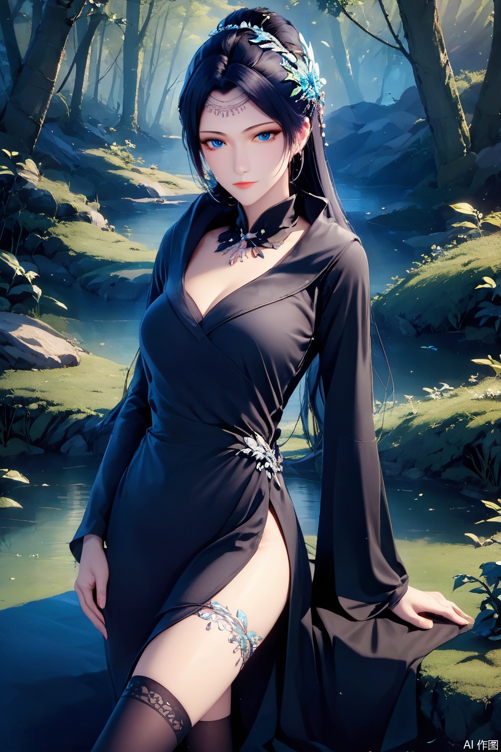 score_9,score_8_up,score_7_up,,1girl, solo, long hair, looking at viewer, blue eyes, black hair, hair ornament, long sleeves, dress, Black dress,masterpiece,best quality,official art,extremely detailed CG unity 8k wallpaper,Thigh exposed,thighhighs,looking at viewer,Forest,Forest,