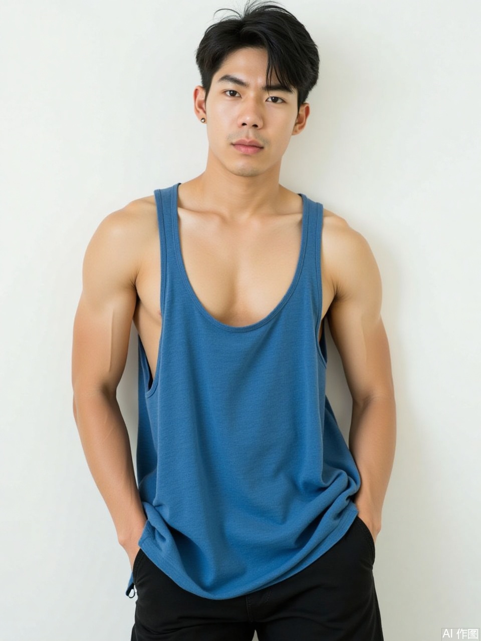 photo, a thin and muscular young man from Asia is wearing a loose blue vest. His black short hair is neat in style, with a confident and neutral expression. He paired his top with black pants to showcase his smooth light brown skin. The background is a simple, soft white color that attracts people's attention to his athletic physique. The lighting highlights his muscular physique and natural skin texture, while the visible pores add a sense of realism.

,Fujicolor GFX100 II 80mm f/4.5,film photo, background blurred,photography,realistic,film texture,real human skin,Fuji camera,