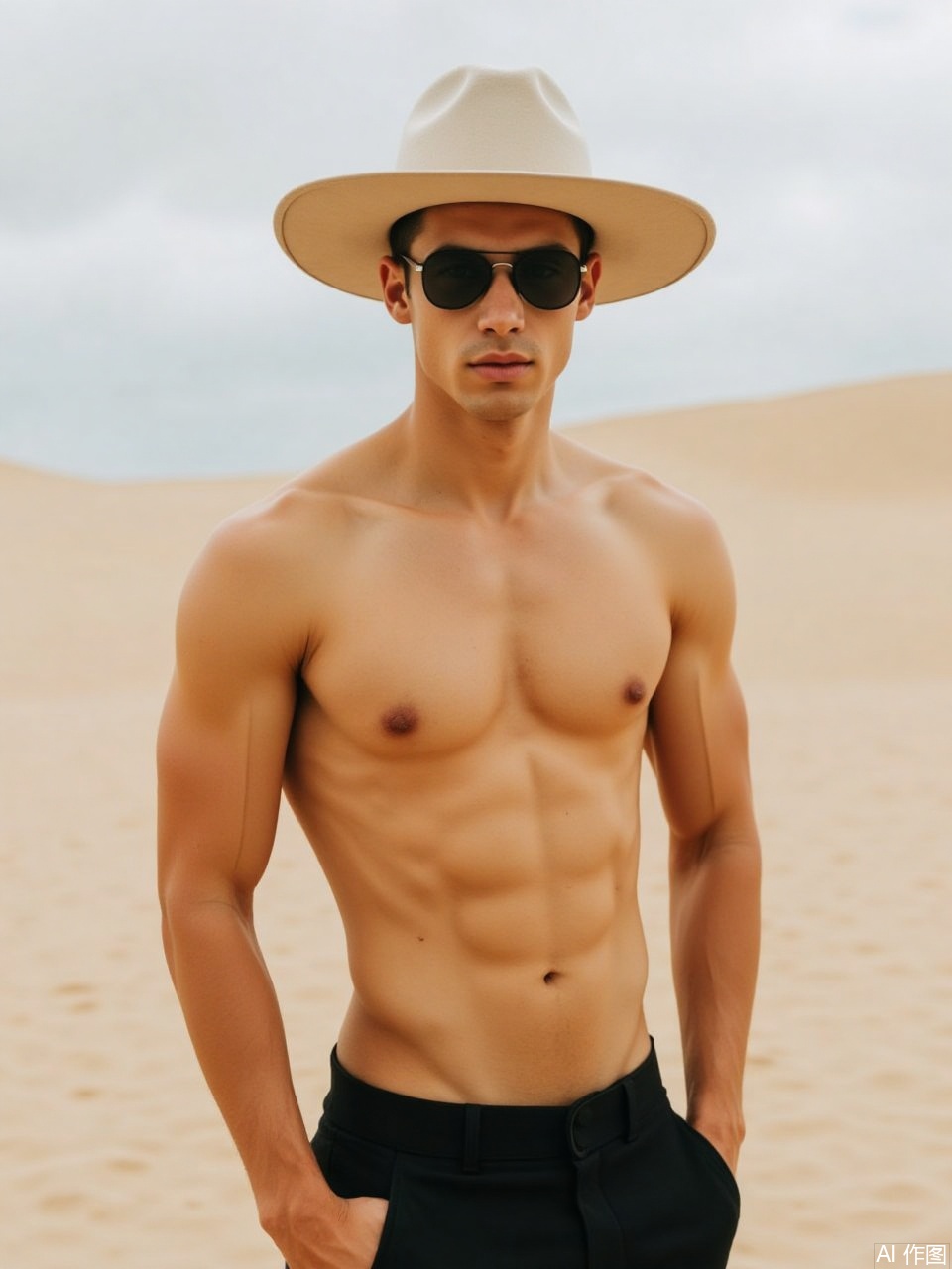 photo, A fit, shirtless young man with a tan skin tone stands confidently in a desert landscape. He wears a wide-brimmed beige hat, black sunglasses, and black pants. His defined abs and muscular build are accentuated by the sunlight. The sandy dunes stretch out behind him, under a cloudy sky.

,Fujicolor GFX100 II 80mm f/4.5,film photo, background blurred,photography,realistic,film texture,real human skin,Fuji camera,