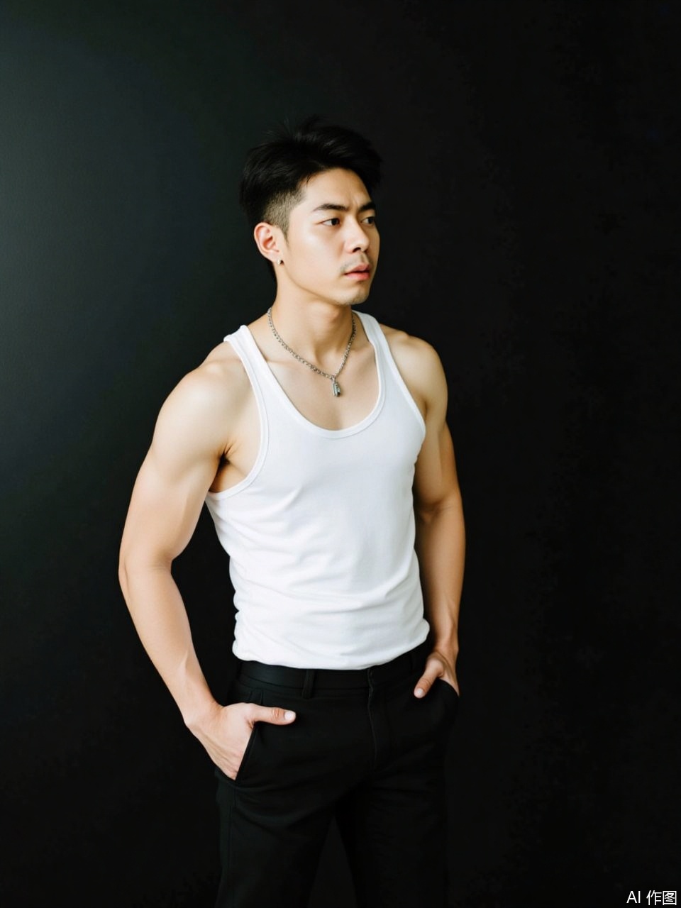 photo, an Asian man with short black hair, wearing a white sleeveless vest and black pants, stands against a dark gradient background. His skin color is average, and he also has a silver necklace. His posture was very cold, with one hand in his pocket and staring to the left.

,Fujicolor GFX100 II 80mm f/4.5,film photo, background blurred,photography,realistic,film texture,real human skin,Fuji camera,