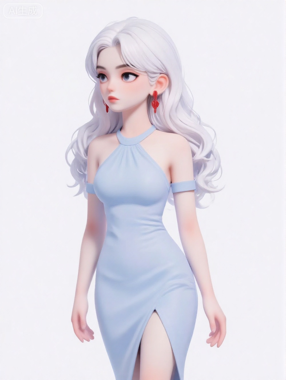 The image is a digital illustration of a young woman with long,  flowing white hair. She is wearing a light blue dress wit...