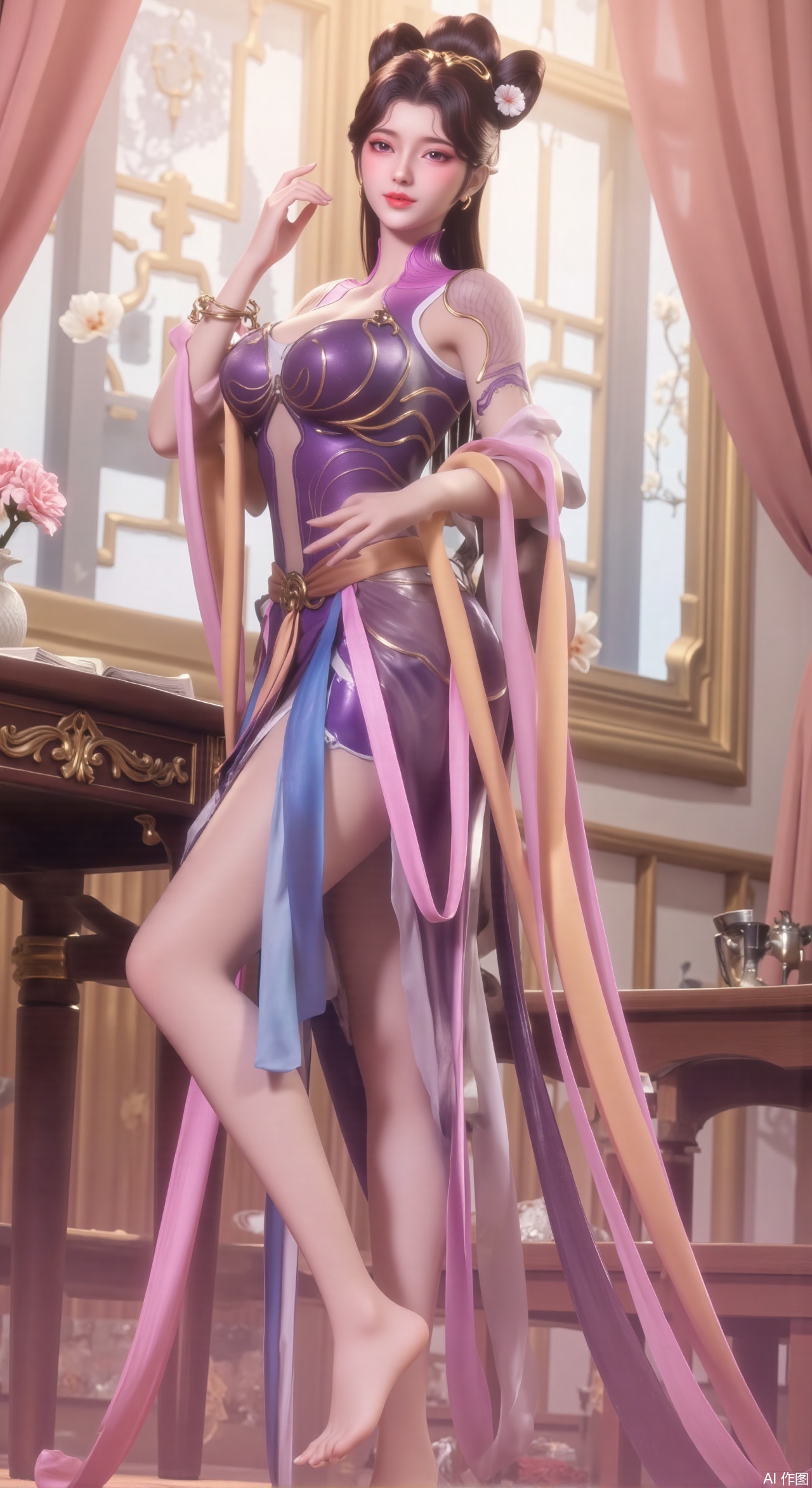 (masterpiece:1.2),Ultra clear, wallpaper, 8k, masterpiece, 1girl, solo, long hair, breasts, looking at viewer, bangs, large breasts,long dress,, bare shoulders, jewelry, black hair, standing, purple eyes, full body, flower, thighs, indoors, hair bun, long dress, high heels, cup, see-through, book, bare legs, window, table, white footwear, standing on one leg, curtains, pink flower, side slit, vase, ,(huge breasts:2.99),(full breasts:2.99),,,Xzhihua,Xsiyouyou,Xyanruyu,Xmoxiaonan,Xyeqingxian,Xyinxuehou,Xpoyuhou,XbaihehuaiX,Xjiangbilan,Xhuajin,XshengcaierY,Xmengyuyi,Xxiaomei,Xhujiaoer,Xfuxinyun,Xhumeier