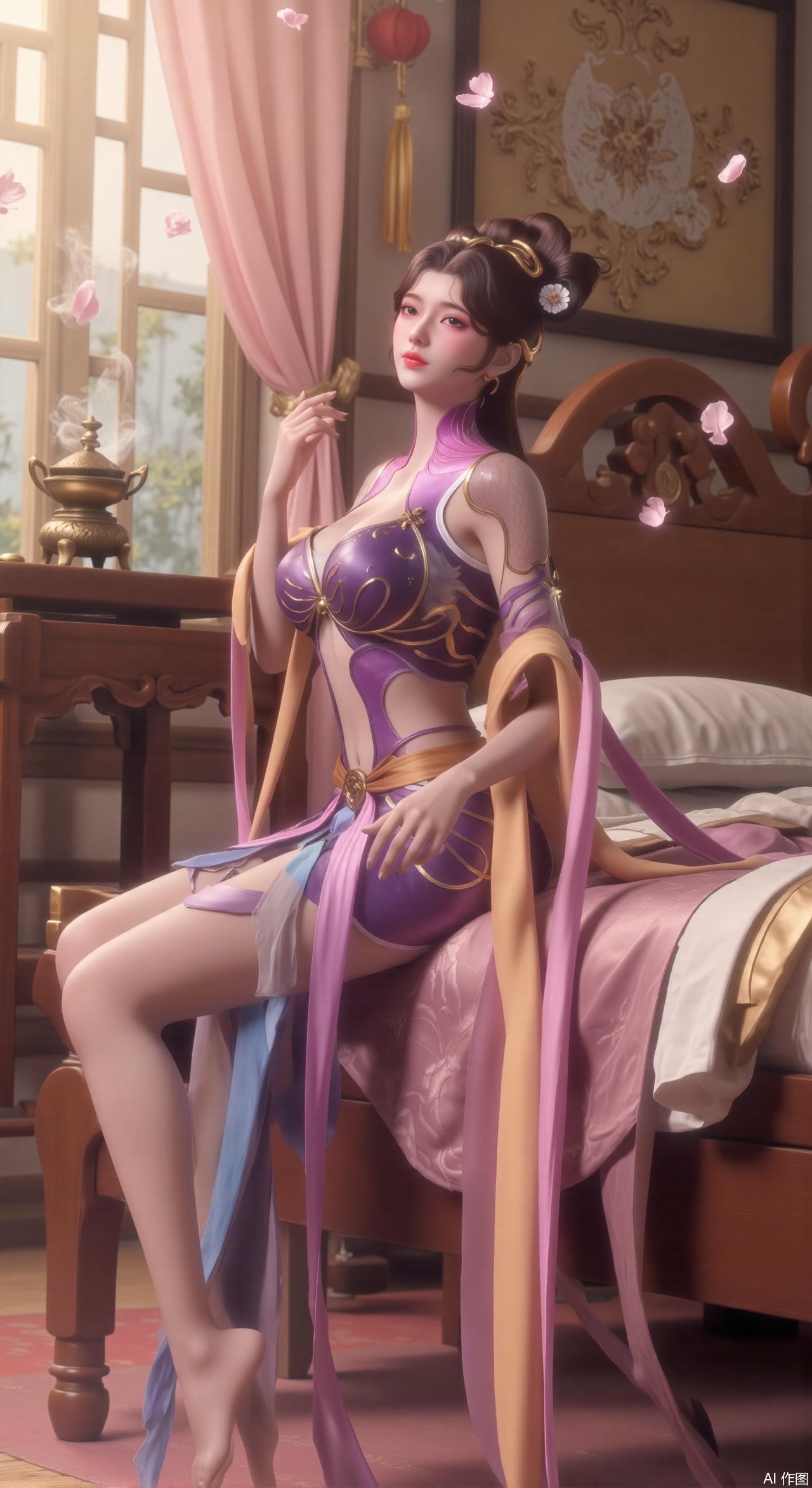 (masterpiece, best quality:1.2),Ancient Chinese boudoir scene, Hanfu dress ,sitting sideways on an intricately carved wooden bed, soft natural light filtering through sheer silk curtains, satin bedding with delicate sheen,, background featuring vintage dressing table and embroidered screen, falling plum blossom petals near window and wispy smoke from bronze incense burner, 8K resolution with intricate fabric draping and wood grain textures,,(huge breasts:2.99),(full breasts:2.99),,,Xzhihua,Xsiyouyou,Xyanruyu,Xmoxiaonan,Xyeqingxian,Xyinxuehou,Xpoyuhou,XbaihehuaiX,Xjiangbilan,Xhuajin,XshengcaierY,Xmengyuyi,Xxiaomei,Xhujiaoer,Xfuxinyun,Xhumeier
