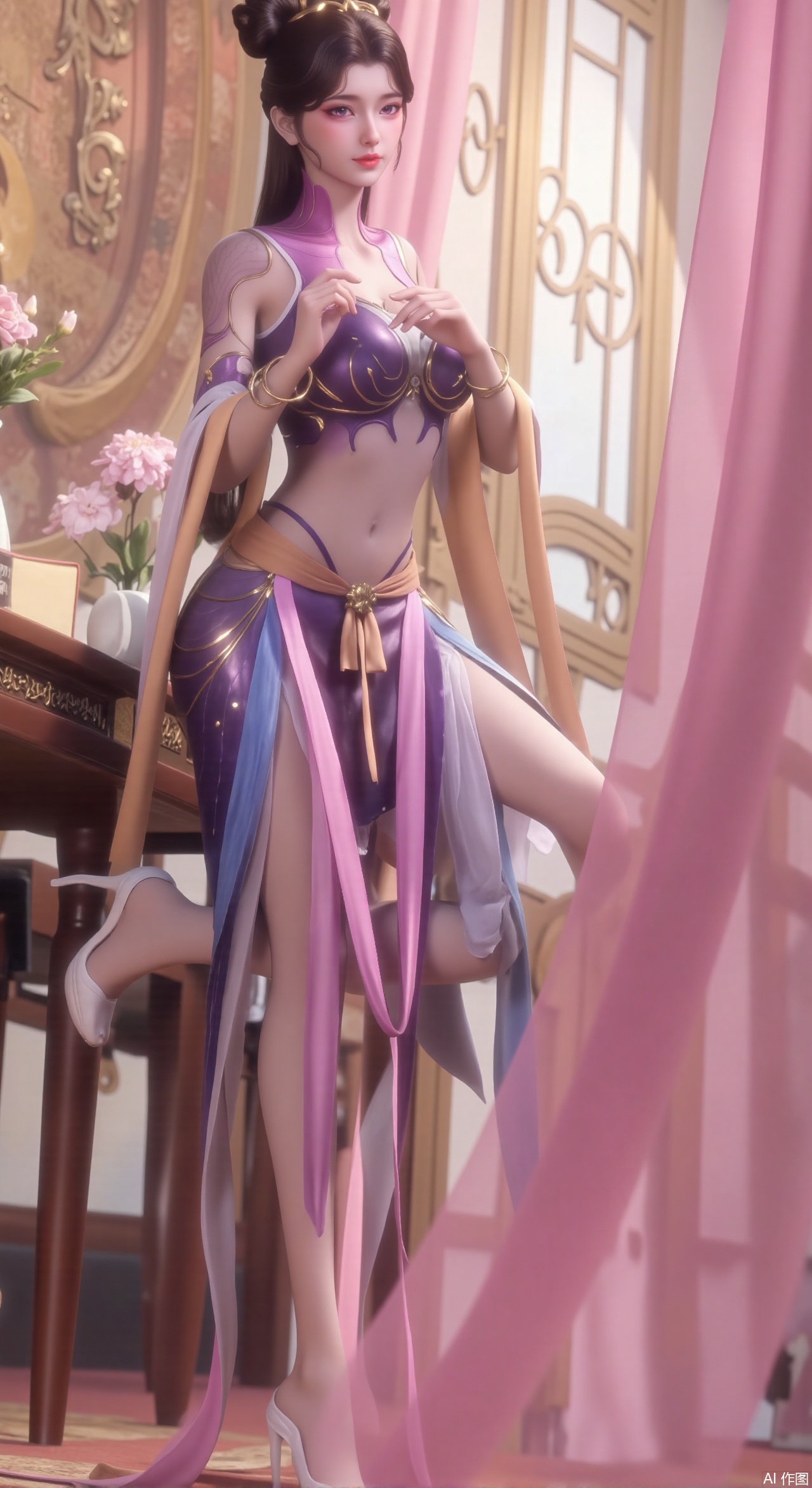 (masterpiece:1.2),Ultra clear, wallpaper, 8k, masterpiece, 1girl, solo, long hair, breasts, looking at viewer, bangs, large breasts,long dress,, bare shoulders, jewelry, black hair, standing, purple eyes, full body, flower, thighs, indoors, hair bun, long dress, high heels, cup, see-through, book, bare legs, window, table, white footwear, standing on one leg, curtains, pink flower, side slit, vase, ,(huge breasts:2.99),(full breasts:2.99),,,Xzhihua,Xsiyouyou,Xyanruyu,Xmoxiaonan,Xyeqingxian,Xyinxuehou,Xpoyuhou,XbaihehuaiX,Xjiangbilan,Xhuajin,XshengcaierY,Xmengyuyi,Xxiaomei,Xhujiaoer,Xfuxinyun,Xhumeier