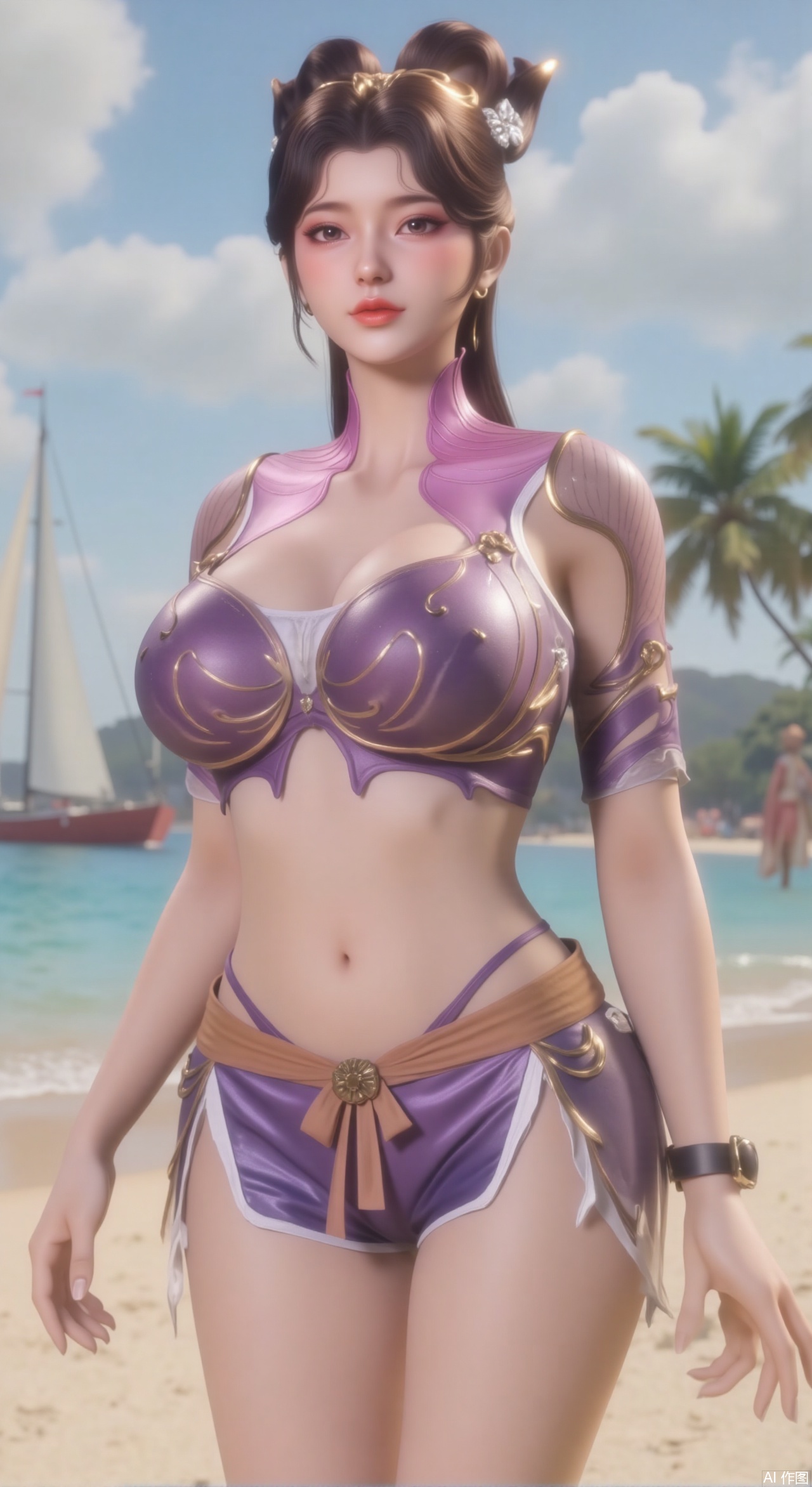 ,(masterpiece:1.2),best quality,absurdres,masterpiece,original,extremely detailed wallpaper,perfect lighting,1girl,solo,looking at viewer,(cowboy_shot:1.3),short hair,high heels,blurry background,depth of field,motion blur,crystal_earrings,headpiece,in summer,day,outdoors,nature,(standing,Seaside, beach, sailboat, coconut trees:1.59),(huge breasts:2.99),(full breasts:2.99),Xzhihua,Xsiyouyou,Xyanruyu,Xmoxiaonan,Xyeqingxian,Xyinxuehou,Xpoyuhou,XbaihehuaiX,Xjiangbilan,Xhuajin,XshengcaierY,Xmengyuyi,Xxiaomei,Xhujiaoer,Xfuxinyun,Xhumeier