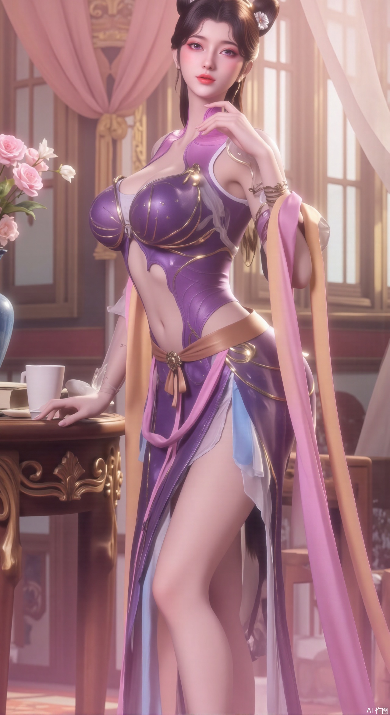 (masterpiece:1.2),Ultra clear, wallpaper, 8k, masterpiece, 1girl, solo, long hair, breasts, looking at viewer, bangs, large breasts,long dress,, bare shoulders, jewelry, black hair, standing, purple eyes, full body, flower, thighs, indoors, hair bun, long dress, high heels, cup, see-through, book, bare legs, window, table, white footwear, standing on one leg, curtains, pink flower, side slit, vase, ,(huge breasts:2.99),(full breasts:2.99),,,Xzhihua,Xsiyouyou,Xyanruyu,Xmoxiaonan,Xyeqingxian,Xyinxuehou,Xpoyuhou,XbaihehuaiX,Xjiangbilan,Xhuajin,XshengcaierY,Xmengyuyi,Xxiaomei,Xhujiaoer,Xfuxinyun,Xhumeier