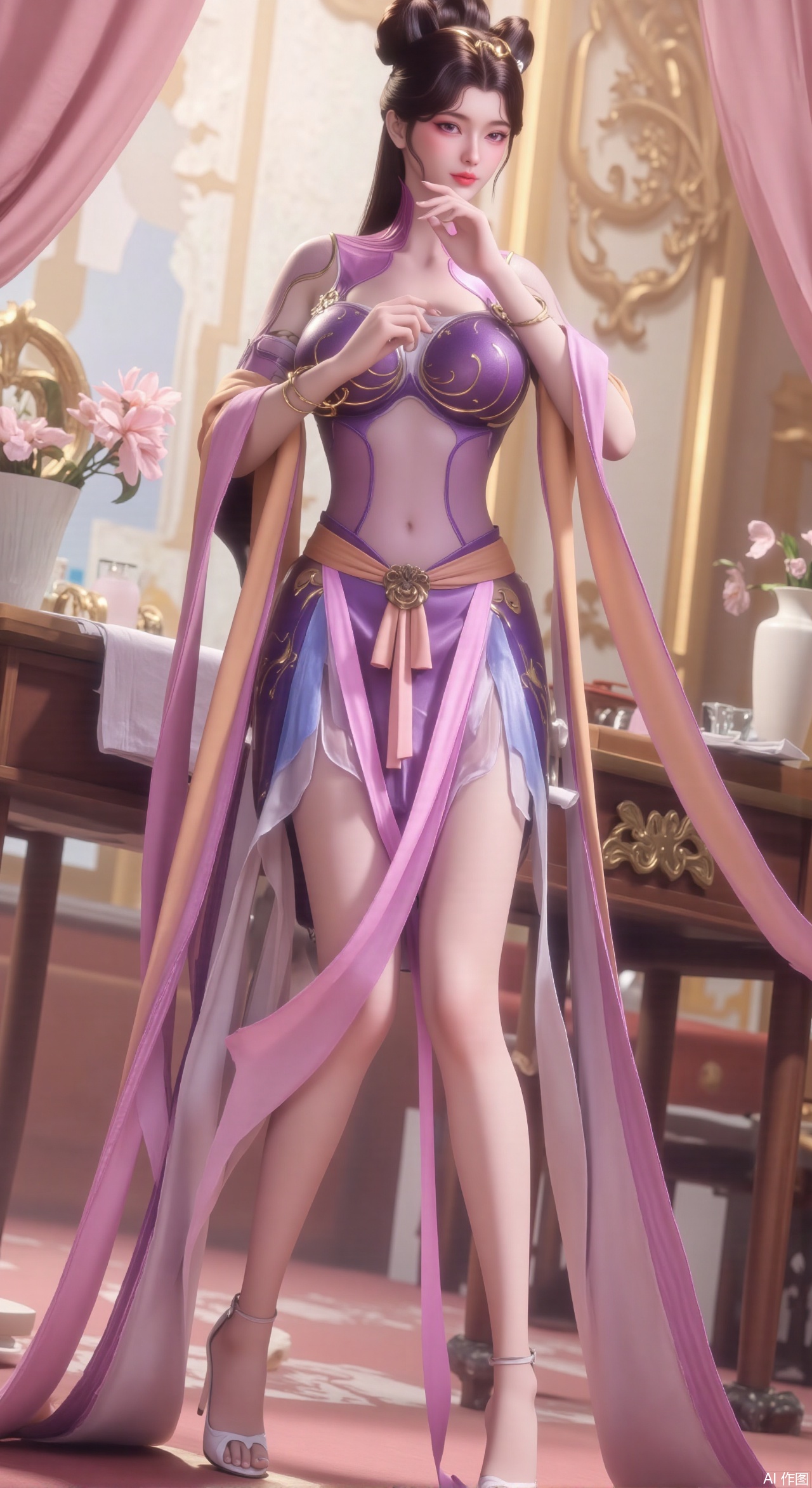 (masterpiece:1.2),Ultra clear, wallpaper, 8k, masterpiece, 1girl, solo, long hair, breasts, looking at viewer, bangs, large breasts,long dress,, bare shoulders, jewelry, black hair, standing, purple eyes, full body, flower, thighs, indoors, hair bun, long dress, high heels, cup, see-through, book, bare legs, window, table, white footwear, standing on one leg, curtains, pink flower, side slit, vase, ,(huge breasts:2.99),(full breasts:2.99),,,Xzhihua,Xsiyouyou,Xyanruyu,Xmoxiaonan,Xyeqingxian,Xyinxuehou,Xpoyuhou,XbaihehuaiX,Xjiangbilan,Xhuajin,XshengcaierY,Xmengyuyi,Xxiaomei,Xhujiaoer,Xfuxinyun,Xhumeier