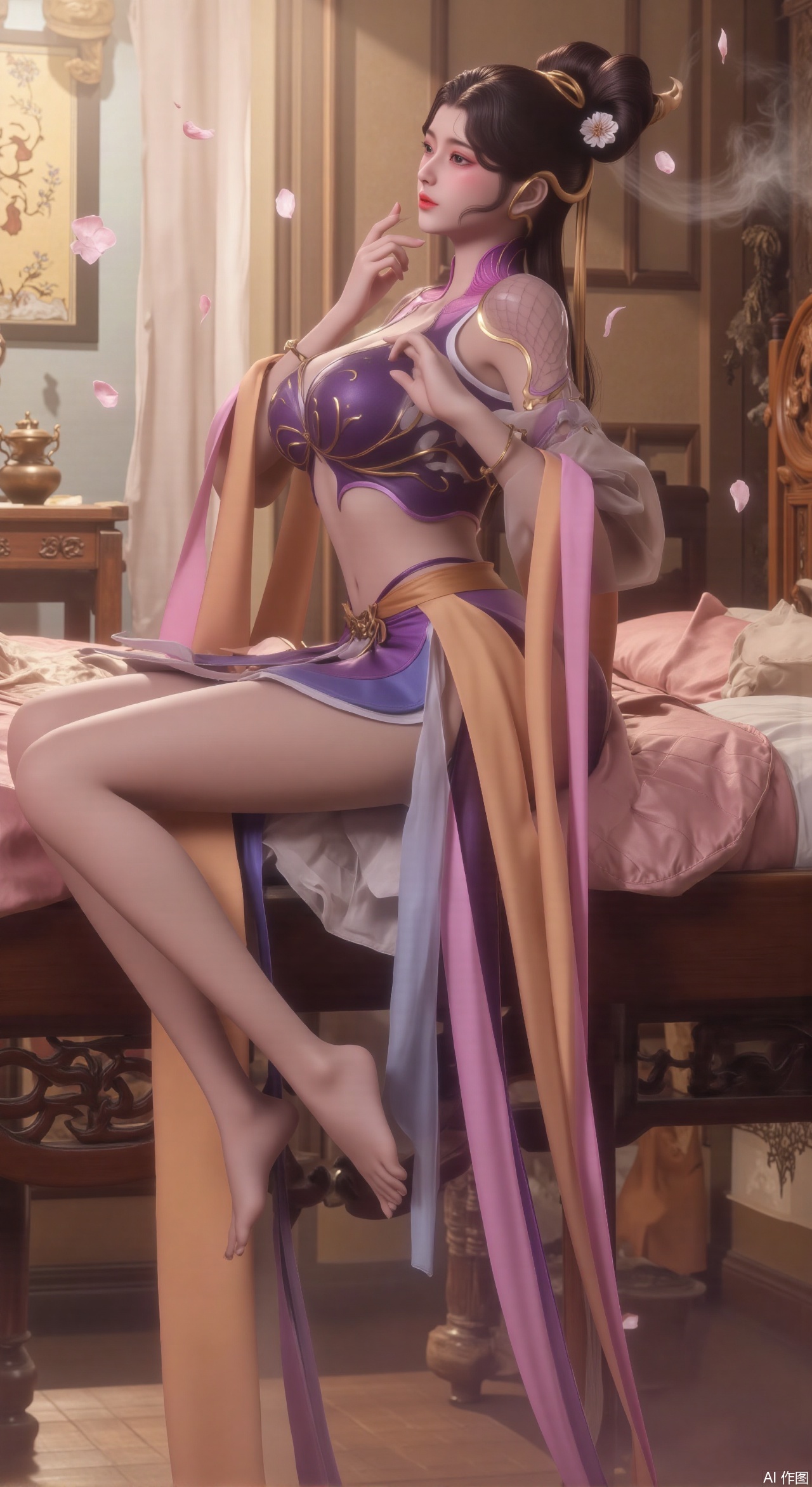 (masterpiece, best quality:1.2),Ancient Chinese boudoir scene, Hanfu dress ,sitting sideways on an intricately carved wooden bed, soft natural light filtering through sheer silk curtains, satin bedding with delicate sheen,, background featuring vintage dressing table and embroidered screen, falling plum blossom petals near window and wispy smoke from bronze incense burner, 8K resolution with intricate fabric draping and wood grain textures,,(huge breasts:2.99),(full breasts:2.99),,,Xzhihua,Xsiyouyou,Xyanruyu,Xmoxiaonan,Xyeqingxian,Xyinxuehou,Xpoyuhou,XbaihehuaiX,Xjiangbilan,Xhuajin,XshengcaierY,Xmengyuyi,Xxiaomei,Xhujiaoer,Xfuxinyun,Xhumeier