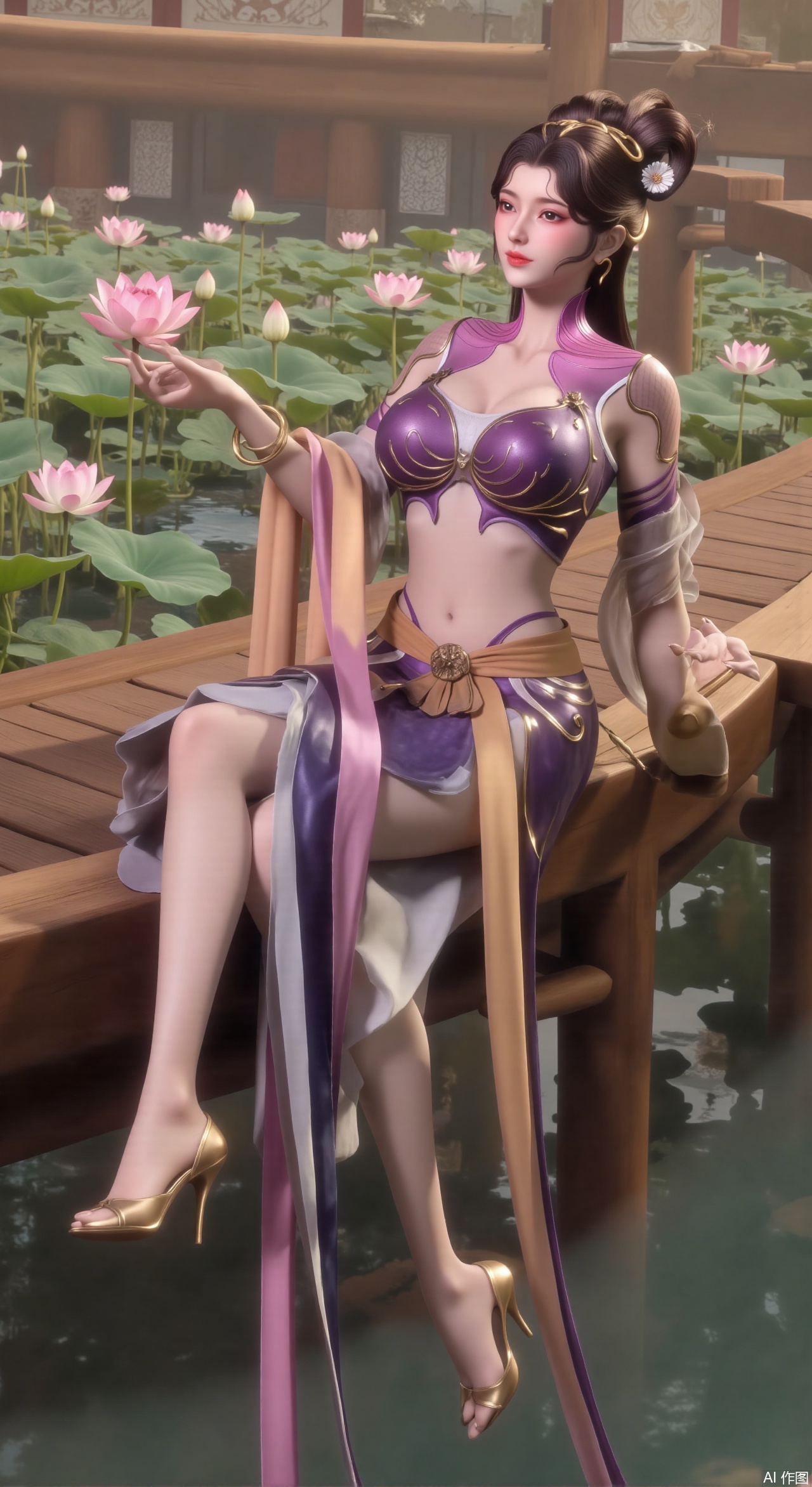  (masterpiece:1.2),best quality,The image is a digital illustration of a young woman sitting on a wooden bench in a pond with lily pads. She is wearing a long dress with design on the chest and sleeves. The dress has a high neckline and short sleeves,Holding a lotus in hand. She has long dark hair styled in loose waves and is wearing gold high heels. The woman is posing with one hand on her hip and the other resting on the edge of the bench. The background is filled with pink and white lotus flowers and green leaves. The overall mood of the image is peaceful and serene,(huge breasts:2.99),(full breasts:2.99),(Background with traditional Chinese architecture, lotus pond and pink lotus flowers:1.39),,Xzhihua,Xsiyouyou,Xyanruyu,Xmoxiaonan,Xyeqingxian,Xyinxuehou,Xpoyuhou,XbaihehuaiX,Xjiangbilan,Xhuajin,XshengcaierY,Xmengyuyi,Xxiaomei,Xhujiaoer,Xfuxinyun,Xhumeier