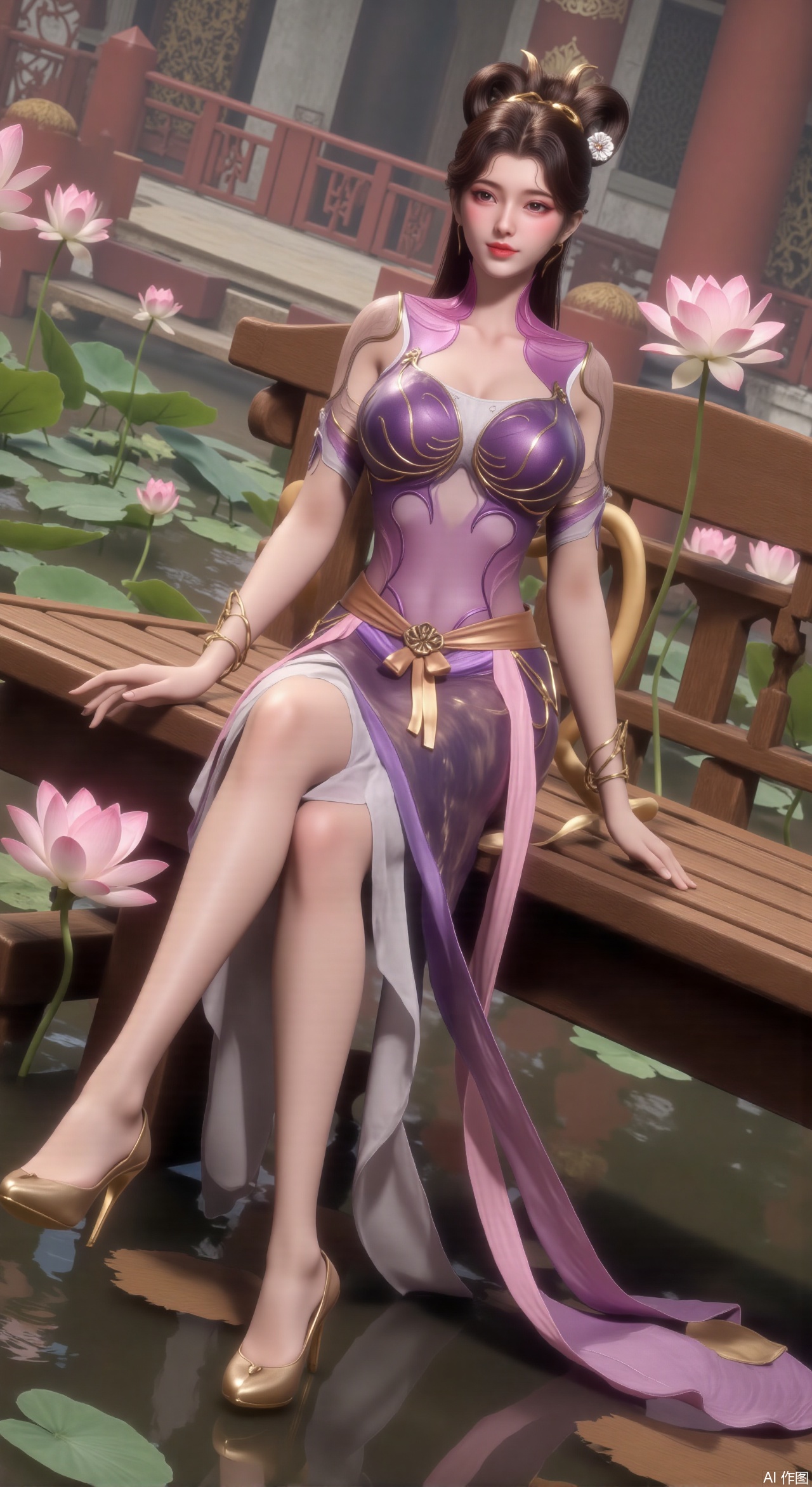  (masterpiece:1.2),best quality,The image is a digital illustration of a young woman sitting on a wooden bench in a pond with lily pads. She is wearing a long dress with design on the chest and sleeves. The dress has a high neckline and short sleeves,Holding a lotus in hand. She has long dark hair styled in loose waves and is wearing gold high heels. The woman is posing with one hand on her hip and the other resting on the edge of the bench. The background is filled with pink and white lotus flowers and green leaves. The overall mood of the image is peaceful and serene,(huge breasts:2.99),(full breasts:2.99),(Background with traditional Chinese architecture, lotus pond and pink lotus flowers:1.39),,Xzhihua,Xsiyouyou,Xyanruyu,Xmoxiaonan,Xyeqingxian,Xyinxuehou,Xpoyuhou,XbaihehuaiX,Xjiangbilan,Xhuajin,XshengcaierY,Xmengyuyi,Xxiaomei,Xhujiaoer,Xfuxinyun,Xhumeier