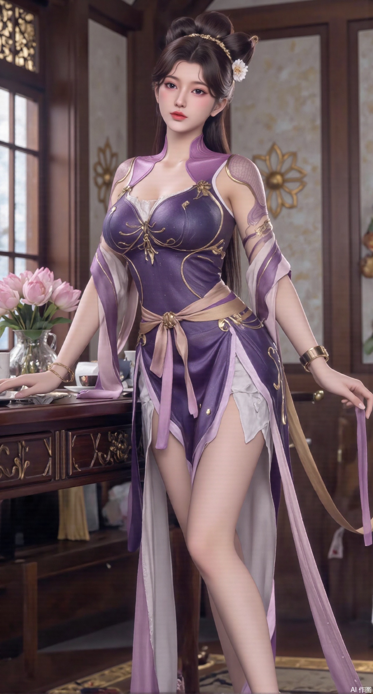  (masterpiece:1.2),best quality,Ultra clear, wallpaper, 8k, masterpiece, 1girl, solo, long hair, breasts, looking at viewer, bangs, large breasts,long dress,, bare shoulders, jewelry, black hair, standing, purple eyes, full body, flower, thighs, indoors, hair bun, long dress, high heels, cup, see-through, book, bare legs, window, table, white footwear, standing on one leg, curtains, pink flower, side slit, vase, ,(huge breasts:2.99),(full breasts:2.99),(pink lotus flowers:1.39),,Xanmiaoyi,Xyunwangshu,XlishaoyinY,Xbaixue,XanmiaoyiY,Xxiuqiuhua,XbaiyuerongY,XyunyunX,XqingnvzongZM,Xjuzi,Xshangguanweier,XanmiaoyiXY,XyunyunXY,Xjiangziyue,Xmeining,Xweinina,Xlenhuan,Xbabata,Xhuajin,Xjiangbilan,XbaihehuaiX,Xfuxinyun,Xhumeier,XhewanyuzhiyaoY,XlimuwanBF