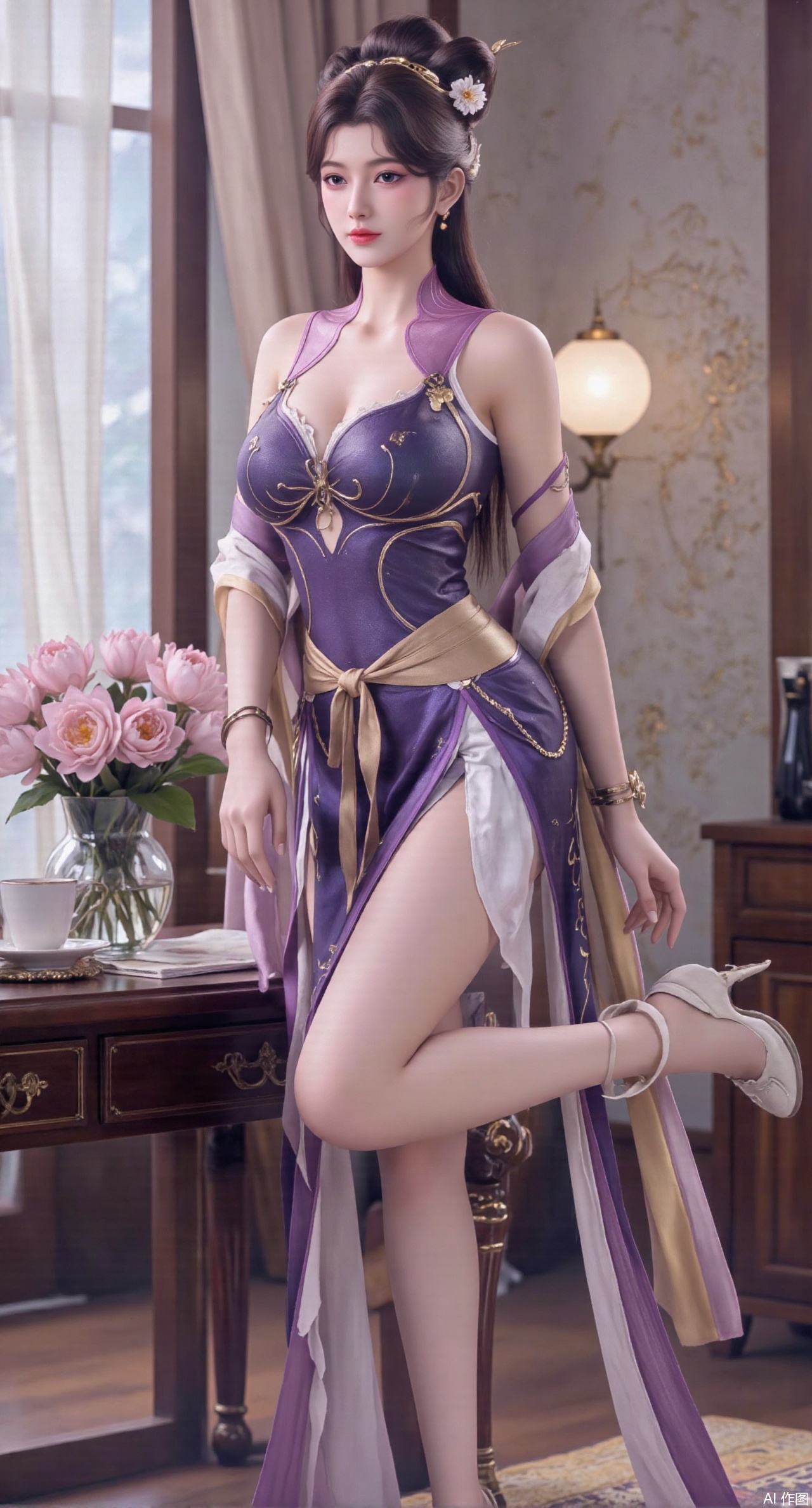  (masterpiece:1.2),best quality,Ultra clear, wallpaper, 8k, masterpiece, 1girl, solo, long hair, breasts, looking at viewer, bangs, large breasts,long dress,, bare shoulders, jewelry, black hair, standing, purple eyes, full body, flower, thighs, indoors, hair bun, long dress, high heels, cup, see-through, book, bare legs, window, table, white footwear, standing on one leg, curtains, pink flower, side slit, vase, ,(huge breasts:2.99),(full breasts:2.99),(pink lotus flowers:1.39),,Xanmiaoyi,Xyunwangshu,XlishaoyinY,Xbaixue,XanmiaoyiY,Xxiuqiuhua,XbaiyuerongY,XyunyunX,XqingnvzongZM,Xjuzi,Xshangguanweier,XanmiaoyiXY,XyunyunXY,Xjiangziyue,Xmeining,Xweinina,Xlenhuan,Xbabata,Xhuajin,Xjiangbilan,XbaihehuaiX,Xfuxinyun,Xhumeier,XhewanyuzhiyaoY,XlimuwanBF