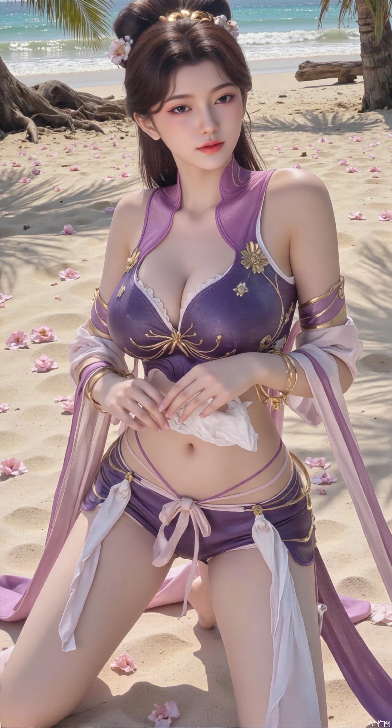 (masterpiece:1.2),best quality,absurdres,masterpiece,original,extremely detailed wallpaper,perfect lighting,Golden sandy beach covered with vibrant flowers, turquoise waves gently lapping the shore, , bright flower clusters spreading from sand to palm tree roots, soft natural light filtering through coconut leaves, ocean breeze lifting hair and qipao hem, high-resolution details showcasing petal textures and silk fabric sheen, ultra-wide angle lens capturing coastline panorama, cinematic color grading with soft focus on the central figure,(huge breasts:2.99),(full breasts:2.99),(pink rose flowers:1.39),Xanmiaoyi,Xyunwangshu,XlishaoyinY,Xbaixue,XanmiaoyiY,Xxiuqiuhua,XbaiyuerongY,XyunyunX,XqingnvzongZM,Xjuzi,Xshangguanweier,XanmiaoyiXY,XyunyunXY,Xjiangziyue,Xmeining,Xweinina,Xlenhuan,Xbabata,Xhuajin,Xjiangbilan,XbaihehuaiX,Xfuxinyun,Xhumeier,XhewanyuzhiyaoY,XlimuwanBF