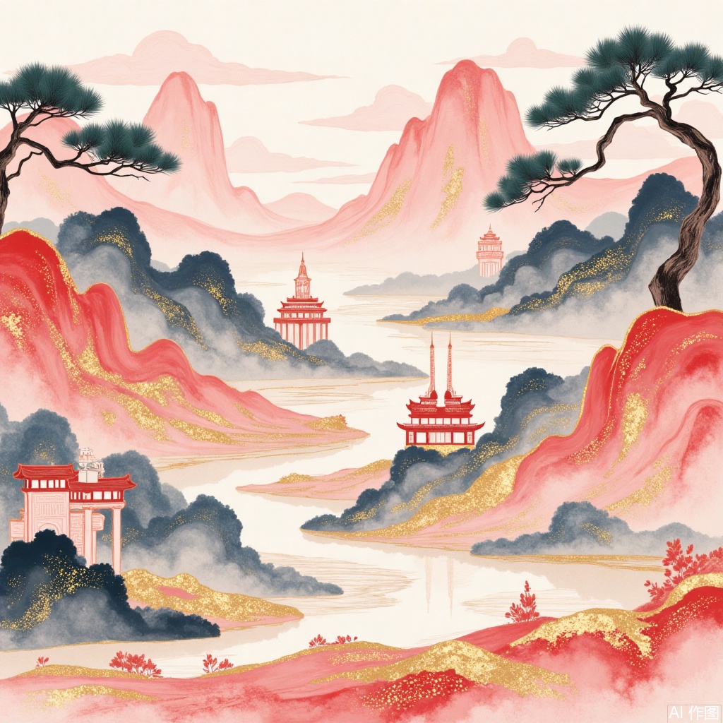 ,Pattern illustration,Ancient-style courtyard,Hand-drawn,Paper art,Gold foil rock color freehand flower-and,City in the cloud