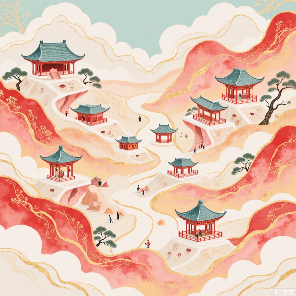 ,Pattern illustration,Ancient-style courtyard,Hand-drawn,Paper art,Gold foil rock color freehand flower-and,City in the cloud,Creative small scene