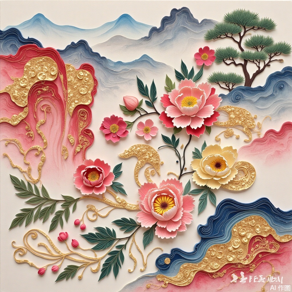 ,Pattern illustration,Ancient-style courtyard,Hand-drawn,Paper art,Gold foil rock color freehand flower-and