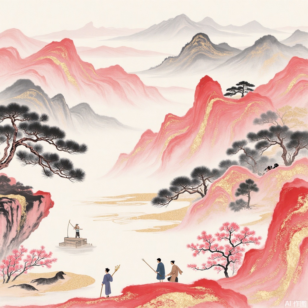 ,Pattern illustration,Ancient-style courtyard,Hand-drawn,Paper art,Gold foil rock color freehand flower-and,City in the cloud,Creative small scene,Landscape of mountains and waters