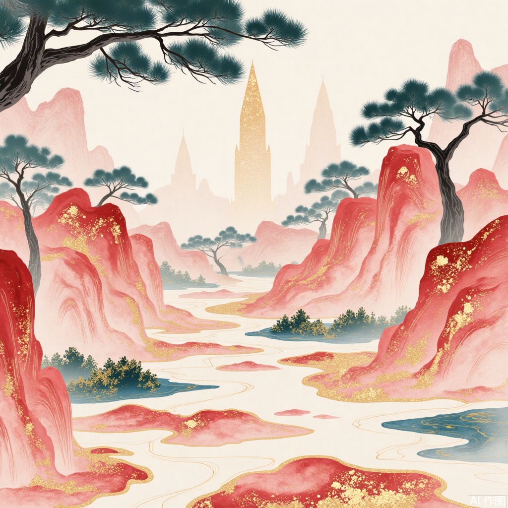 ,Pattern illustration,Ancient-style courtyard,Hand-drawn,Paper art,Gold foil rock color freehand flower-and,City in the cloud