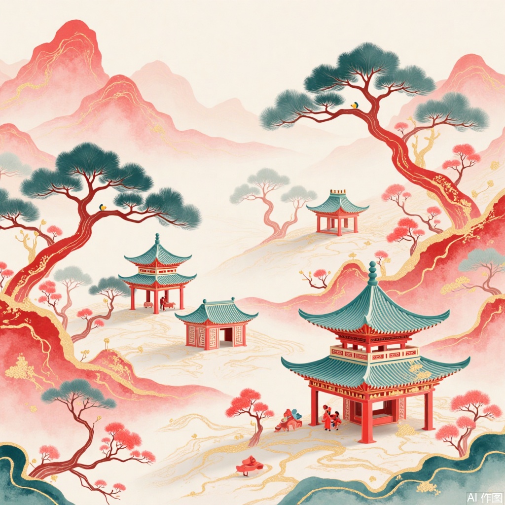 ,Pattern illustration,Ancient-style courtyard,Hand-drawn,Paper art,Gold foil rock color freehand flower-and,City in the cloud,Creative small scene