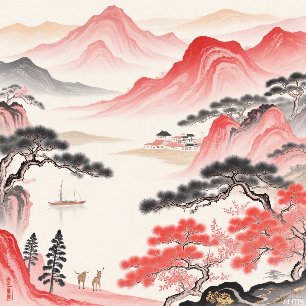 ,Pattern illustration,Ancient-style courtyard,Hand-drawn,Paper art,Gold foil rock color freehand flower-and,City in the cloud,Creative small scene,Landscape of mountains and waters