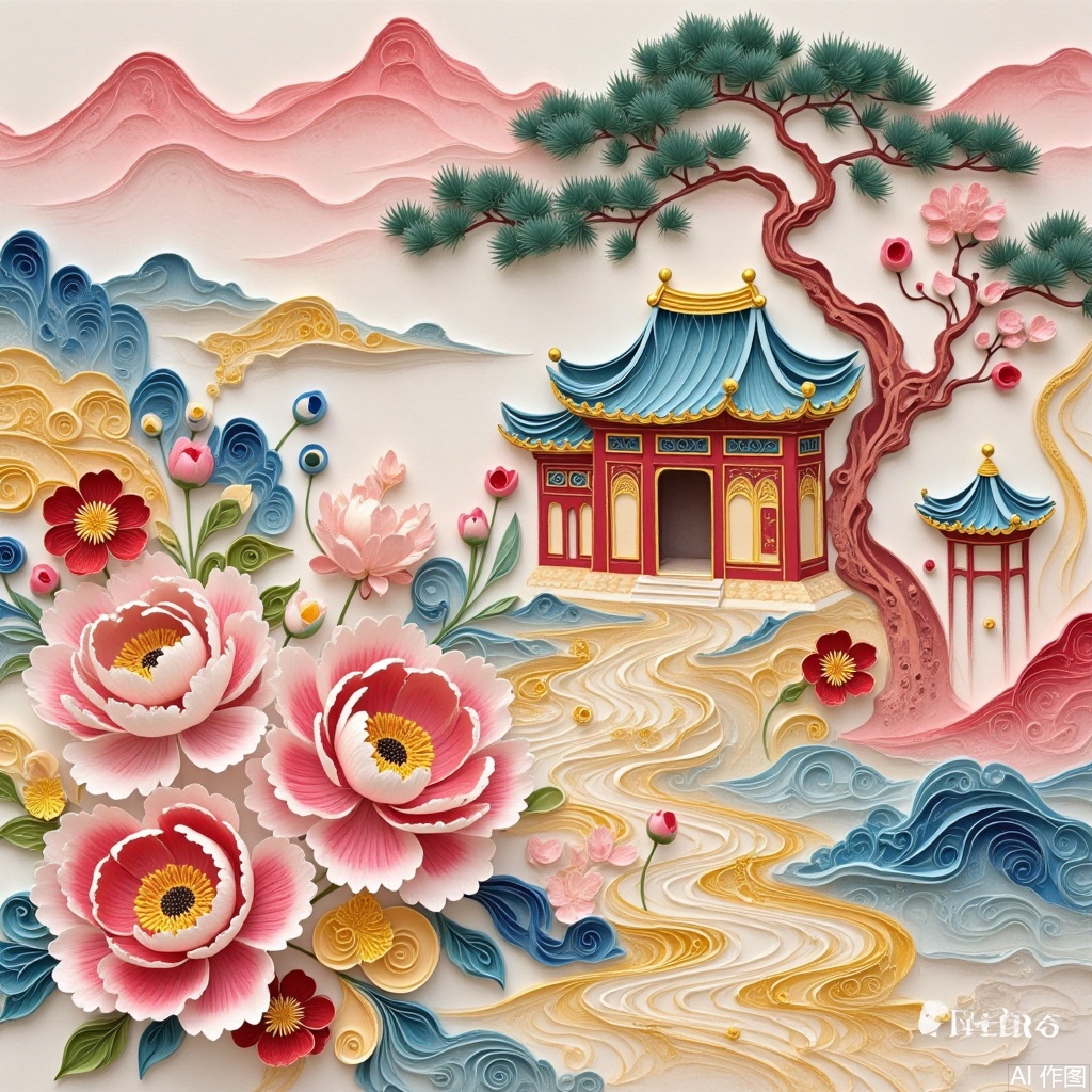 ,Pattern illustration,Ancient-style courtyard,Hand-drawn,Paper art,Gold foil rock color freehand flower-and