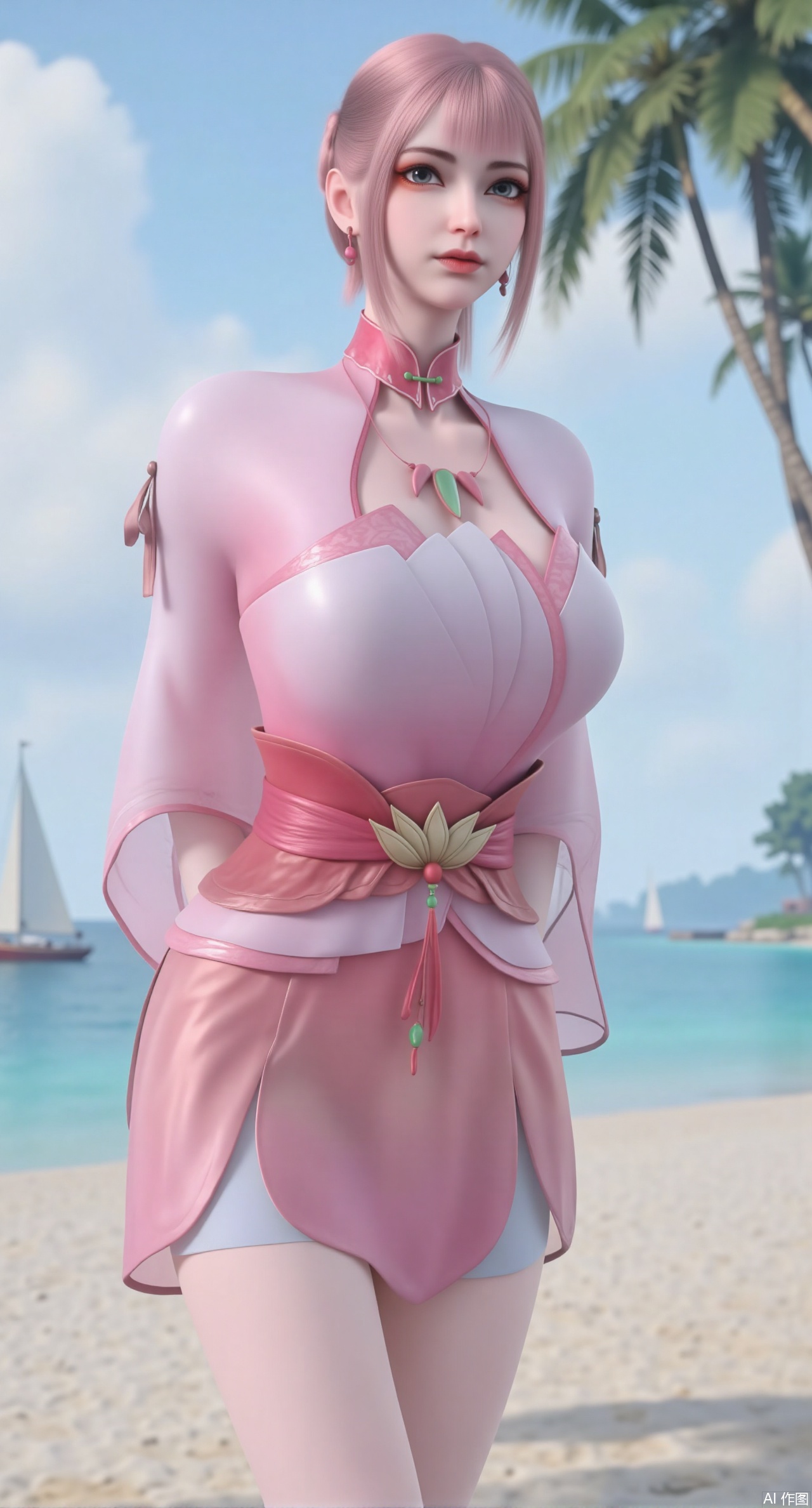 (masterpiece:1.2),best quality,absurdres,masterpiece,original,extremely detailed wallpaper,perfect lighting,1girl,solo,looking at viewer,(cowboy_shot:1.3),short hair,high heels,blurry background,depth of field,motion blur,crystal_earrings,headpiece,in summer,day,outdoors,nature,(standing,Seaside, beach, sailboat, coconut trees:1.59),(huge breasts:2.99),(full breasts:2.99),Xzhihua,Xsiyouyou,Xyanruyu,Xmoxiaonan,Xyeqingxian,Xyinxuehou,Xpoyuhou,XbaihehuaiX,Xjiangbilan,Xhuajin,XshengcaierY,Xmengyuyi,Xxiaomei,Xhujiaoer,Xfuxinyun,Xhumeier