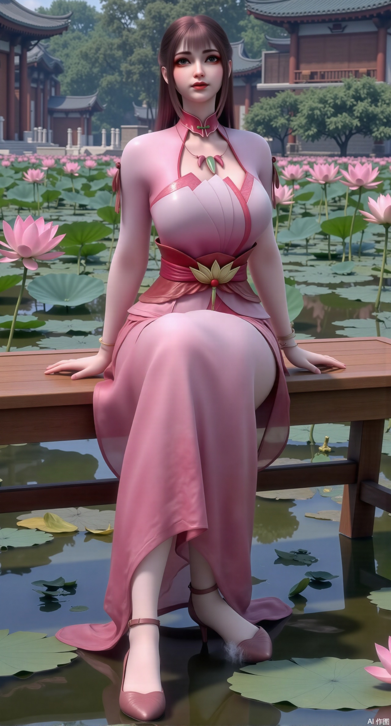  (masterpiece:1.2),best quality,The image is a digital illustration of a young woman sitting on a wooden bench in a pond with lily pads. She is wearing a long dress with design on the chest and sleeves. The dress has a high neckline and short sleeves,Holding a lotus in hand. She has long dark hair styled in loose waves and is wearing gold high heels. The woman is posing with one hand on her hip and the other resting on the edge of the bench. The background is filled with pink and white lotus flowers and green leaves. The overall mood of the image is peaceful and serene,(huge breasts:2.99),(full breasts:2.99),(Background with traditional Chinese architecture, lotus pond and pink lotus flowers:1.39),Xzhihua,Xsiyouyou,Xyanruyu,Xmoxiaonan,Xyeqingxian,Xyinxuehou,Xpoyuhou,XbaihehuaiX,Xjiangbilan,Xhuajin,XshengcaierY,Xmengyuyi,Xxiaomei,Xhujiaoer,Xfuxinyun,Xhumeier