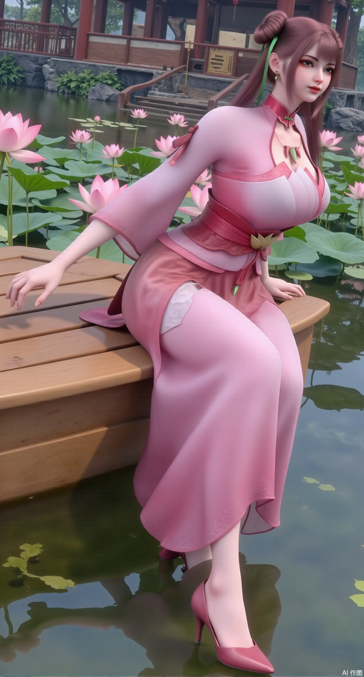  (masterpiece:1.2),best quality,The image is a digital illustration of a young woman sitting on a wooden bench in a pond with lily pads. She is wearing a long dress with design on the chest and sleeves. The dress has a high neckline and short sleeves,Holding a lotus in hand. She has long dark hair styled in loose waves and is wearing gold high heels. The woman is posing with one hand on her hip and the other resting on the edge of the bench. The background is filled with pink and white lotus flowers and green leaves. The overall mood of the image is peaceful and serene,(huge breasts:2.99),(full breasts:2.99),(Background with traditional Chinese architecture, lotus pond and pink lotus flowers:1.39),Xzhihua,Xsiyouyou,Xyanruyu,Xmoxiaonan,Xyeqingxian,Xyinxuehou,Xpoyuhou,XbaihehuaiX,Xjiangbilan,Xhuajin,XshengcaierY,Xmengyuyi,Xxiaomei,Xhujiaoer,Xfuxinyun,Xhumeier