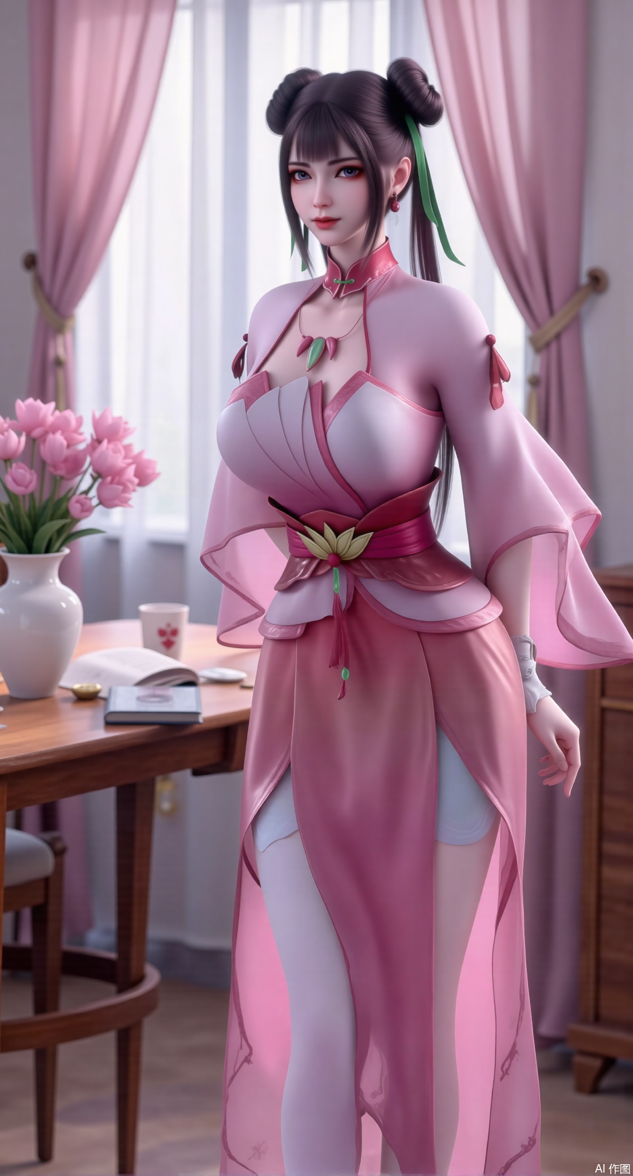 (masterpiece:1.2),Ultra clear, wallpaper, 8k, masterpiece, 1girl, solo, long hair, breasts, looking at viewer, bangs, large breasts,long dress,, bare shoulders, jewelry, black hair, standing, purple eyes, full body, flower, thighs, indoors, hair bun, long dress, high heels, cup, see-through, book, bare legs, window, table, white footwear, standing on one leg, curtains, pink flower, side slit, vase, ,(huge breasts:2.99),(full breasts:2.99),Xzhihua,Xsiyouyou,Xyanruyu,Xmoxiaonan,Xyeqingxian,Xyinxuehou,Xpoyuhou,XbaihehuaiX,Xjiangbilan,Xhuajin,XshengcaierY,Xmengyuyi,Xxiaomei,Xhujiaoer,Xfuxinyun,Xhumeier