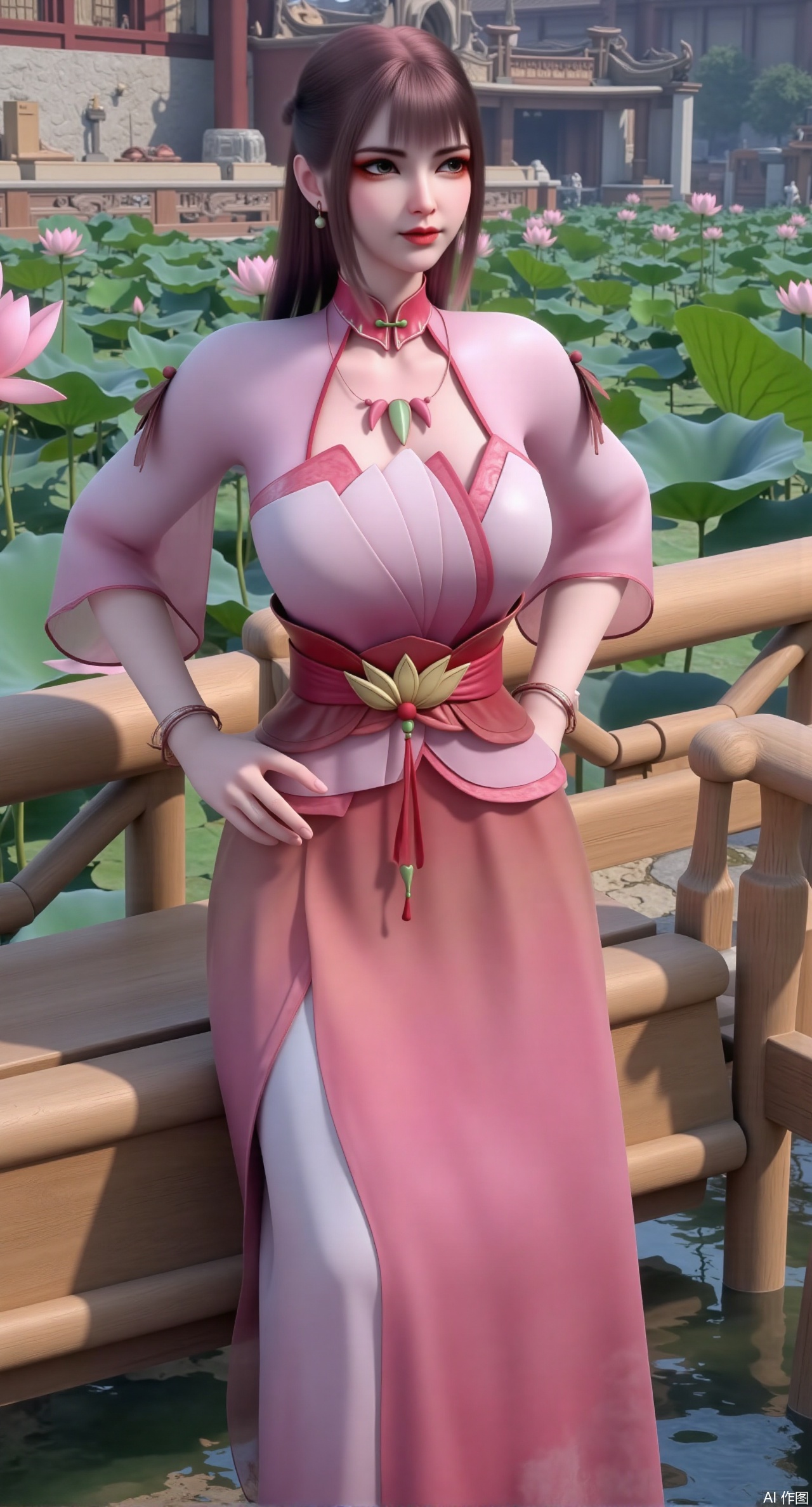  (masterpiece:1.2),best quality,The image is a digital illustration of a young woman sitting on a wooden bench in a pond with lily pads. She is wearing a long dress with design on the chest and sleeves. The dress has a high neckline and short sleeves,Holding a lotus in hand. She has long dark hair styled in loose waves and is wearing gold high heels. The woman is posing with one hand on her hip and the other resting on the edge of the bench. The background is filled with pink and white lotus flowers and green leaves. The overall mood of the image is peaceful and serene,(huge breasts:2.99),(full breasts:2.99),(Background with traditional Chinese architecture, lotus pond and pink lotus flowers:1.39),Xzhihua,Xsiyouyou,Xyanruyu,Xmoxiaonan,Xyeqingxian,Xyinxuehou,Xpoyuhou,XbaihehuaiX,Xjiangbilan,Xhuajin,XshengcaierY,Xmengyuyi,Xxiaomei,Xhujiaoer,Xfuxinyun,Xhumeier